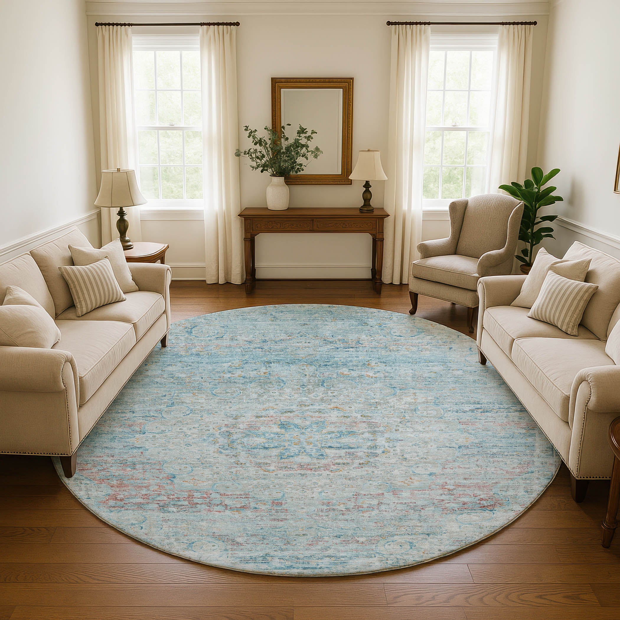 Porto Machine Washable Traditional Sky Blue Rug 8' x 8' #shape_Round