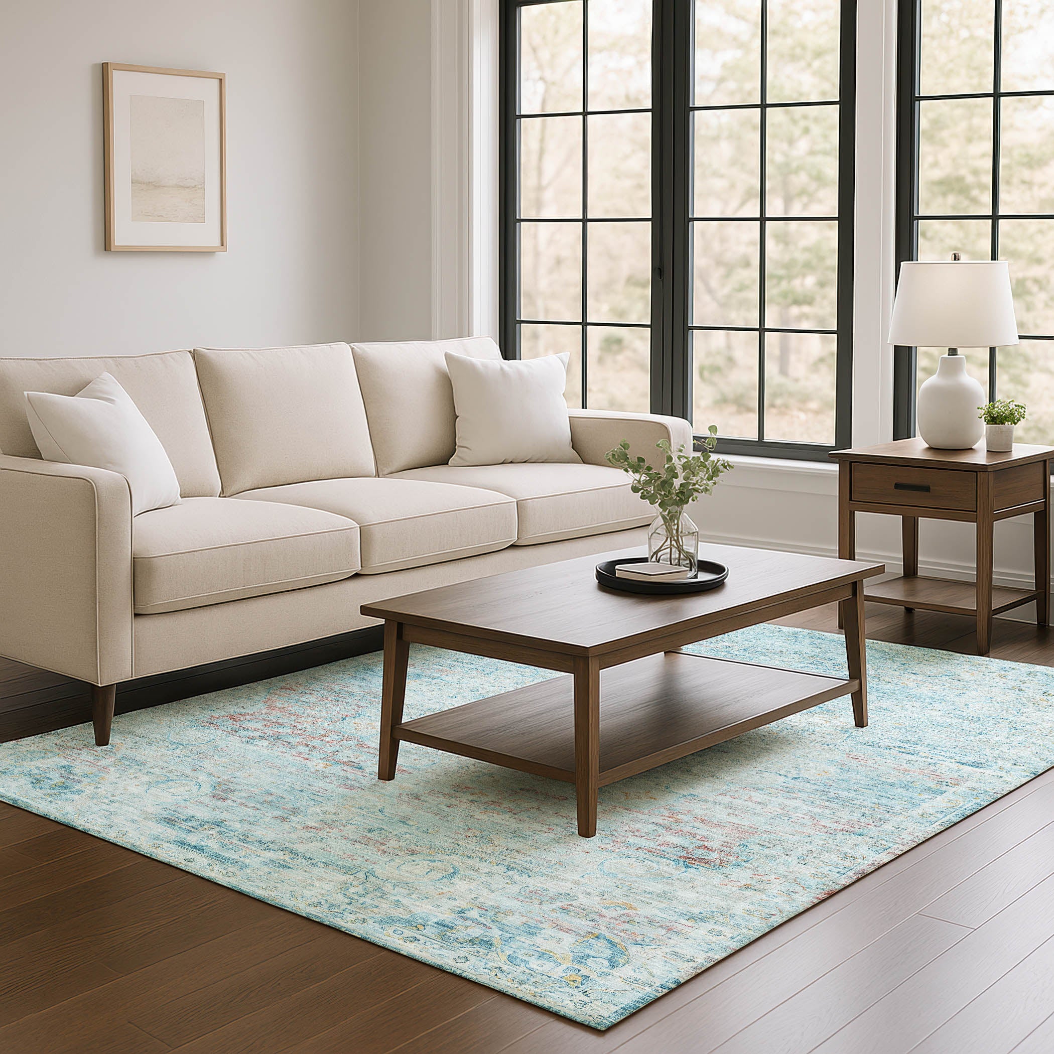 Porto Machine Washable Traditional Sky Blue Rug 2'6" x 3'10" #shape_Rectangle
