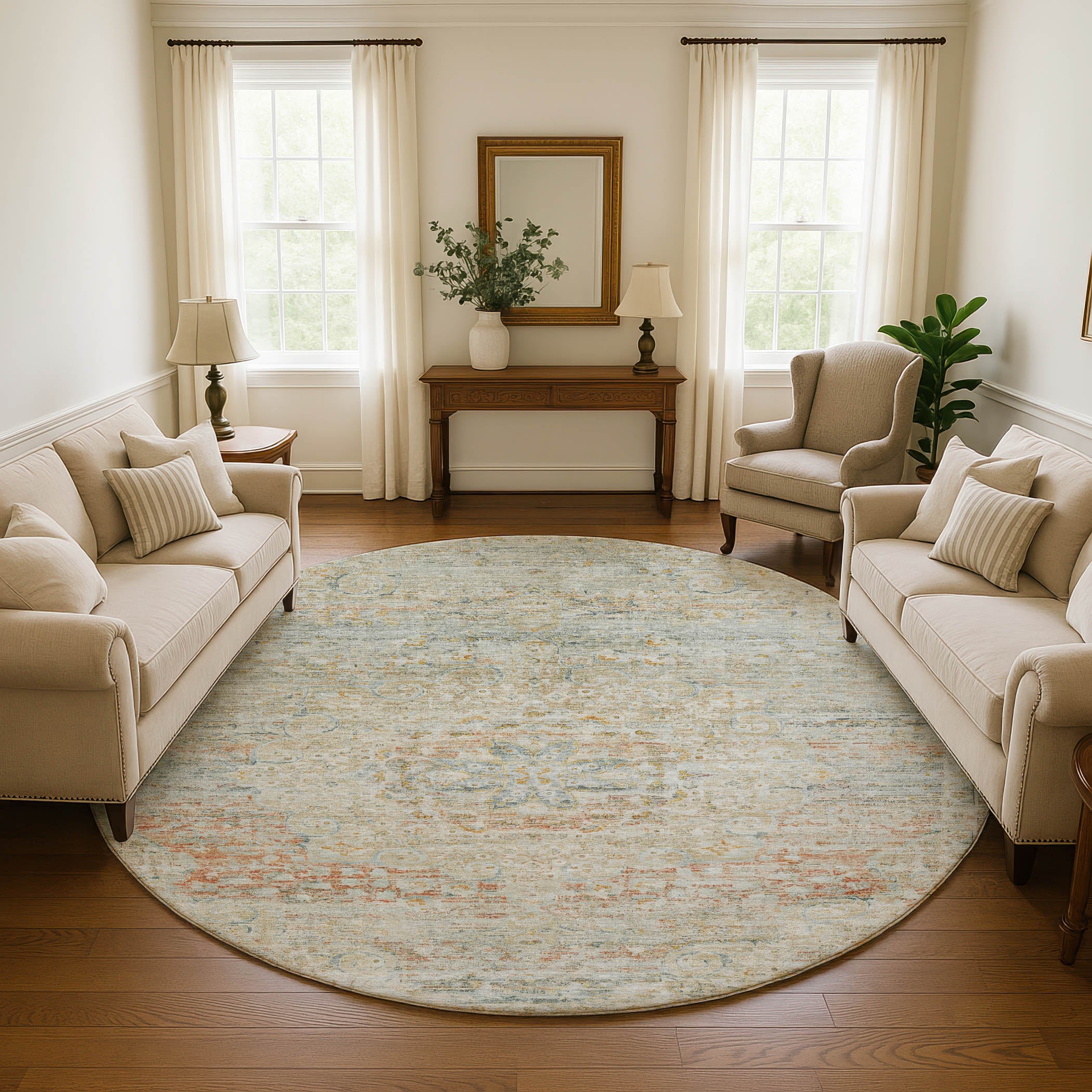 Porto Machine Washable Traditional Tan Brown Rug 8' x 8' #shape_Round