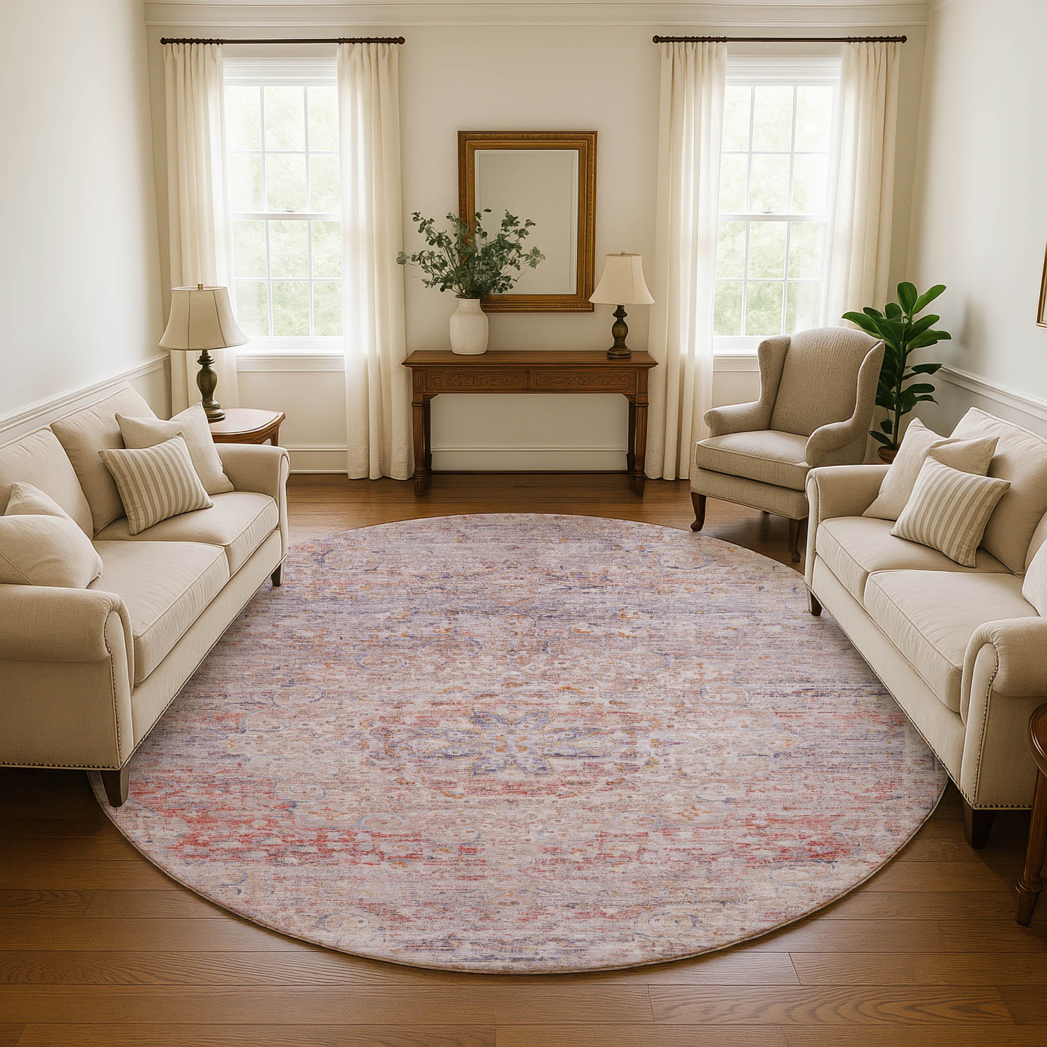 Porto Machine Washable Traditional Terracotta Orange Rug 8' x 8' #shape_Round