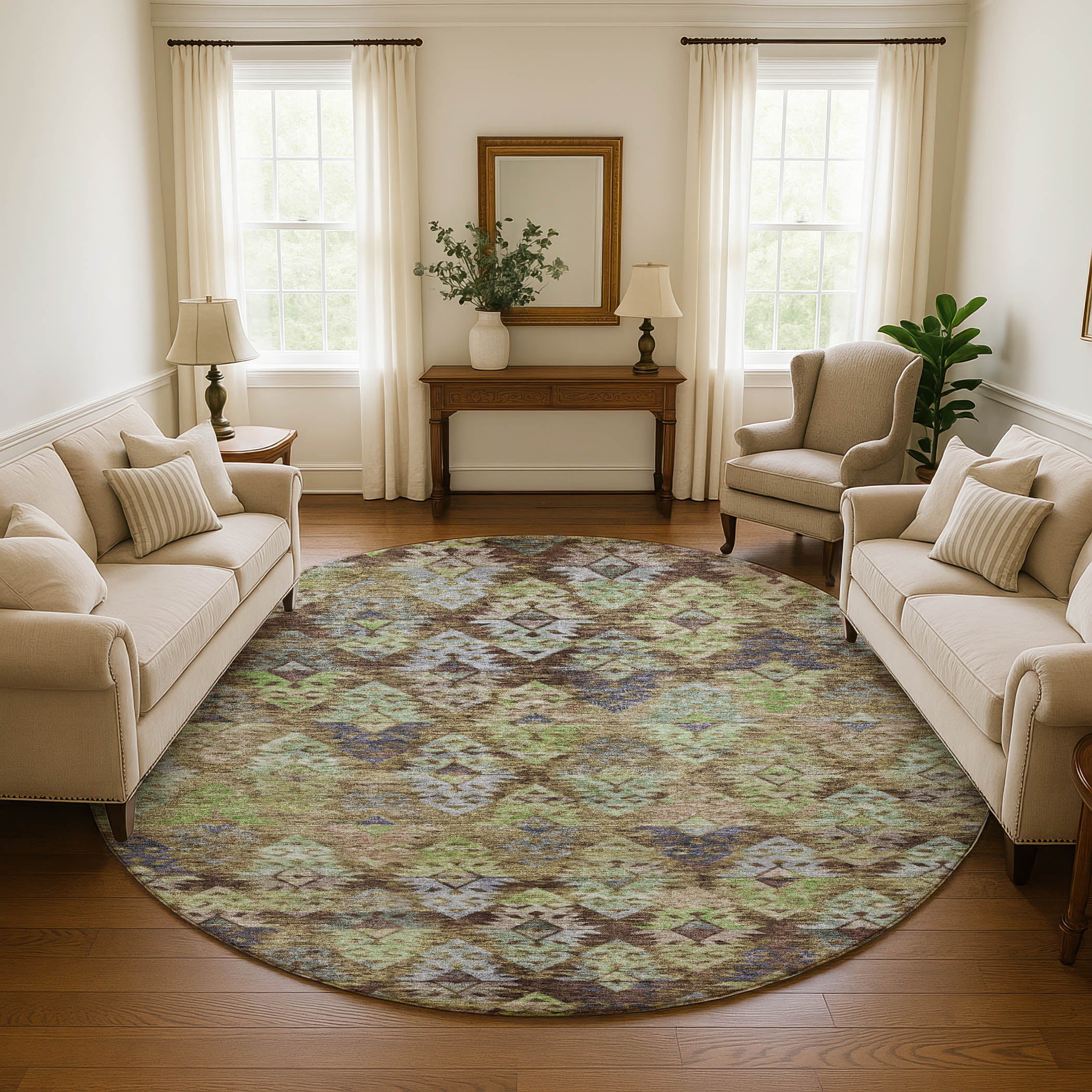 Bruges Machine Washable Transitional Brown Rug 8' x 8' #shape_Round