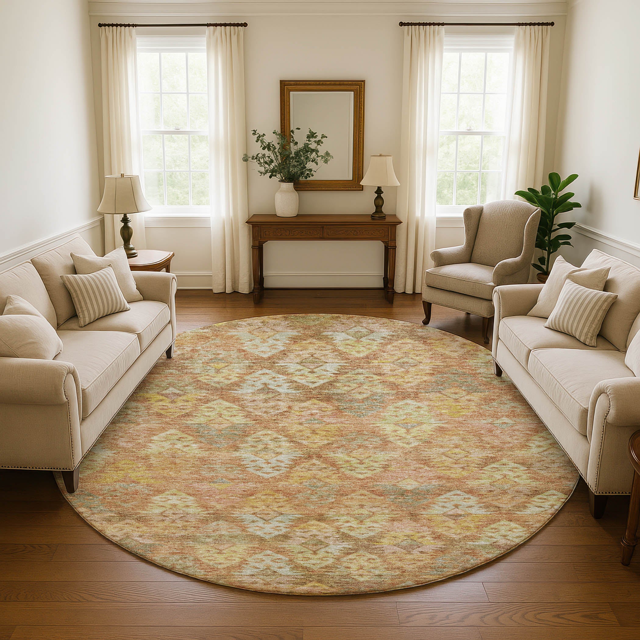 Bruges Machine Washable Transitional Copper Orange Rug 8' x 8' #shape_Round