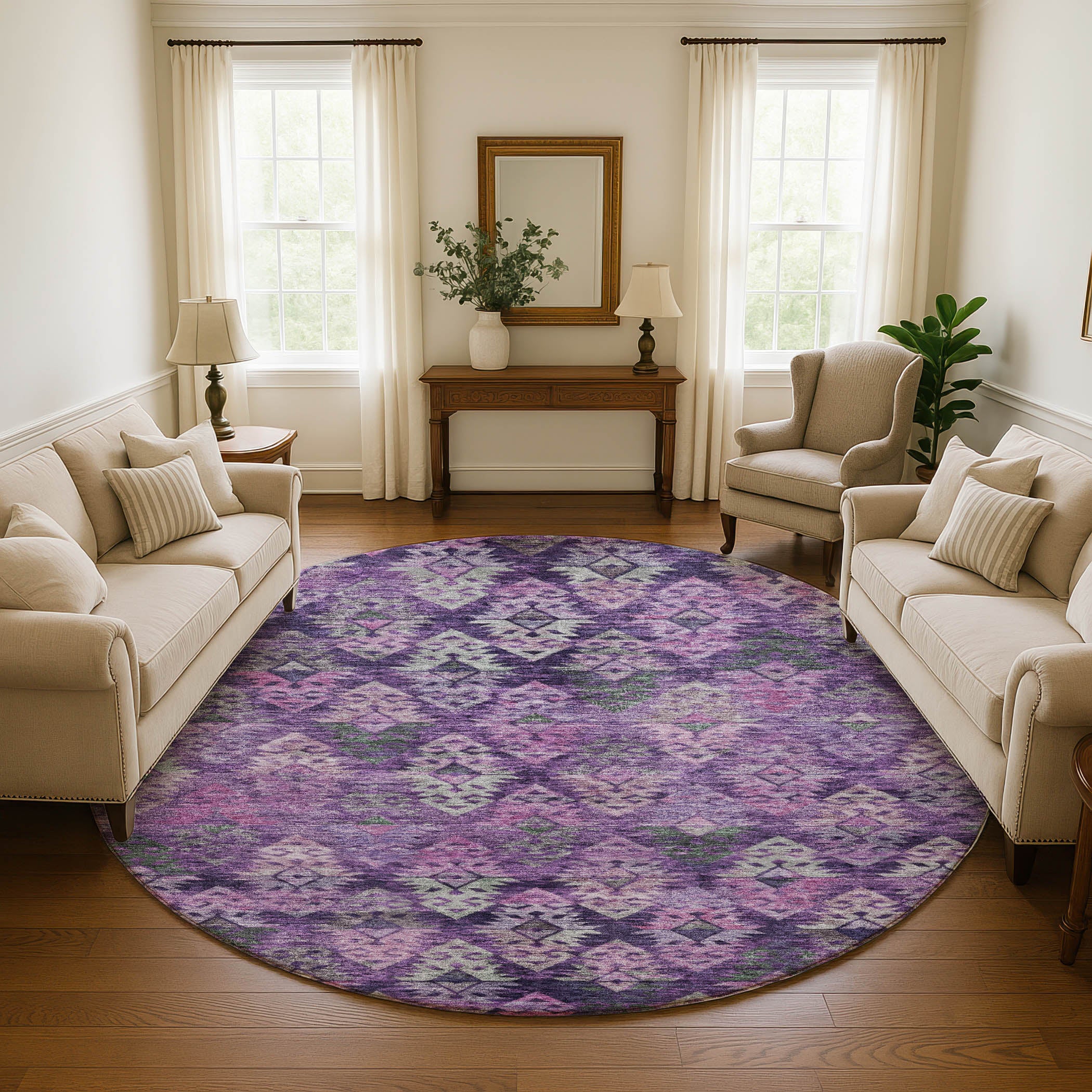 Bruges Machine Washable Transitional Eggplant Purple Rug 8' x 8' #shape_Round