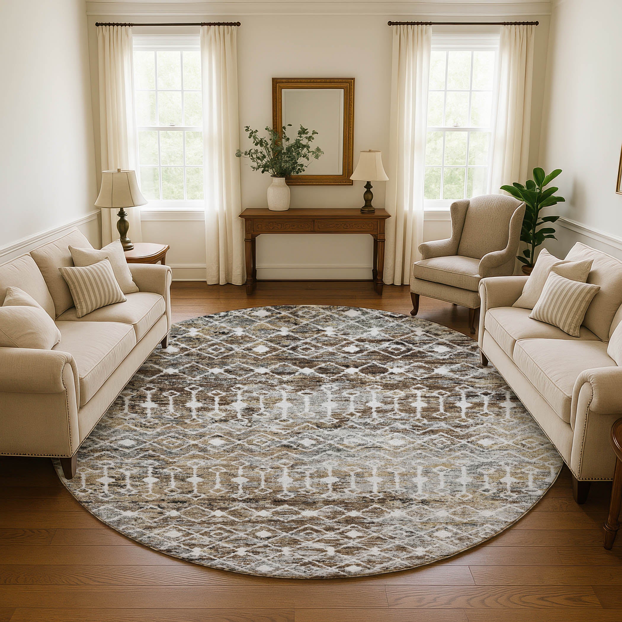 Mdina Machine Washable Transitional Brown Rug 8' x 8' #shape_Round