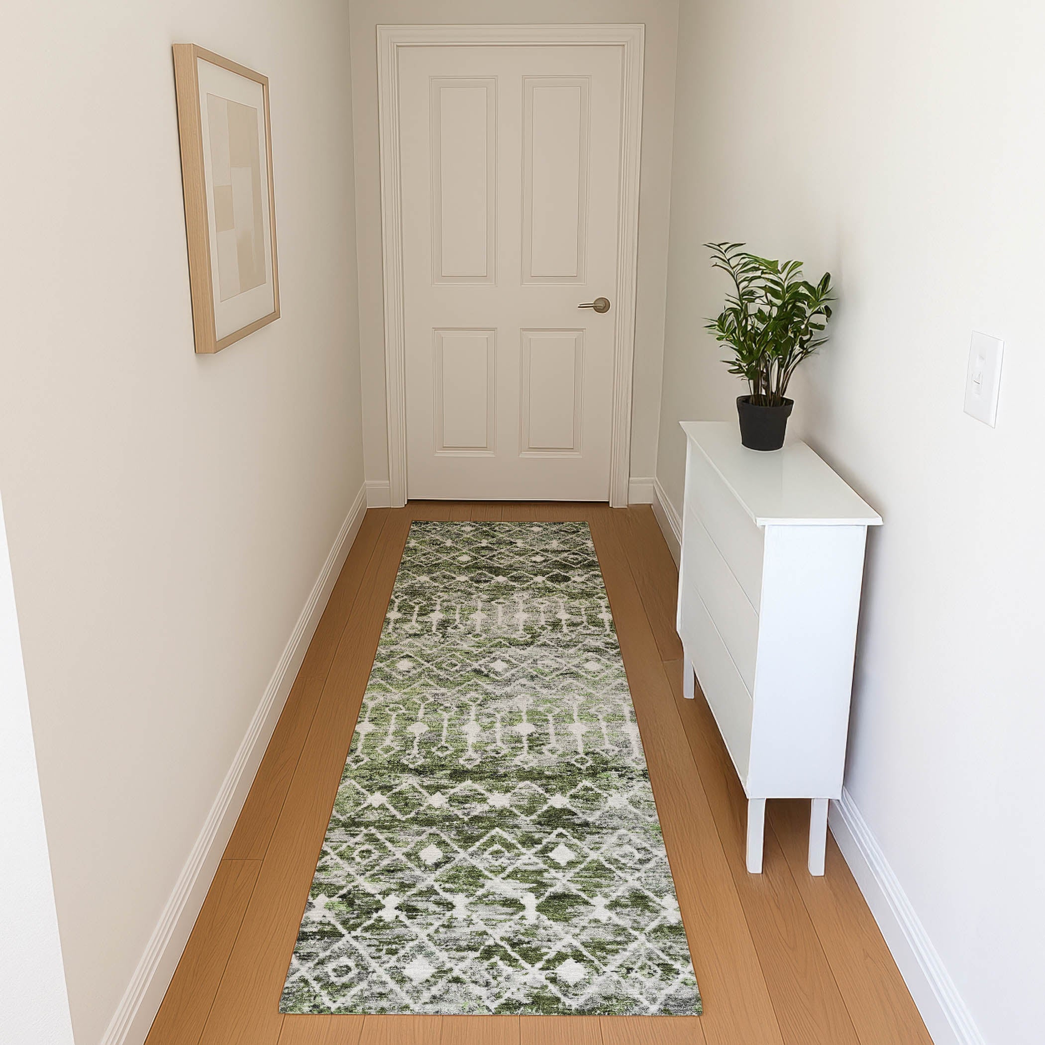 Mdina Machine Washable Transitional Olive Green Rug 2'3" x 7'6" #shape_Runner