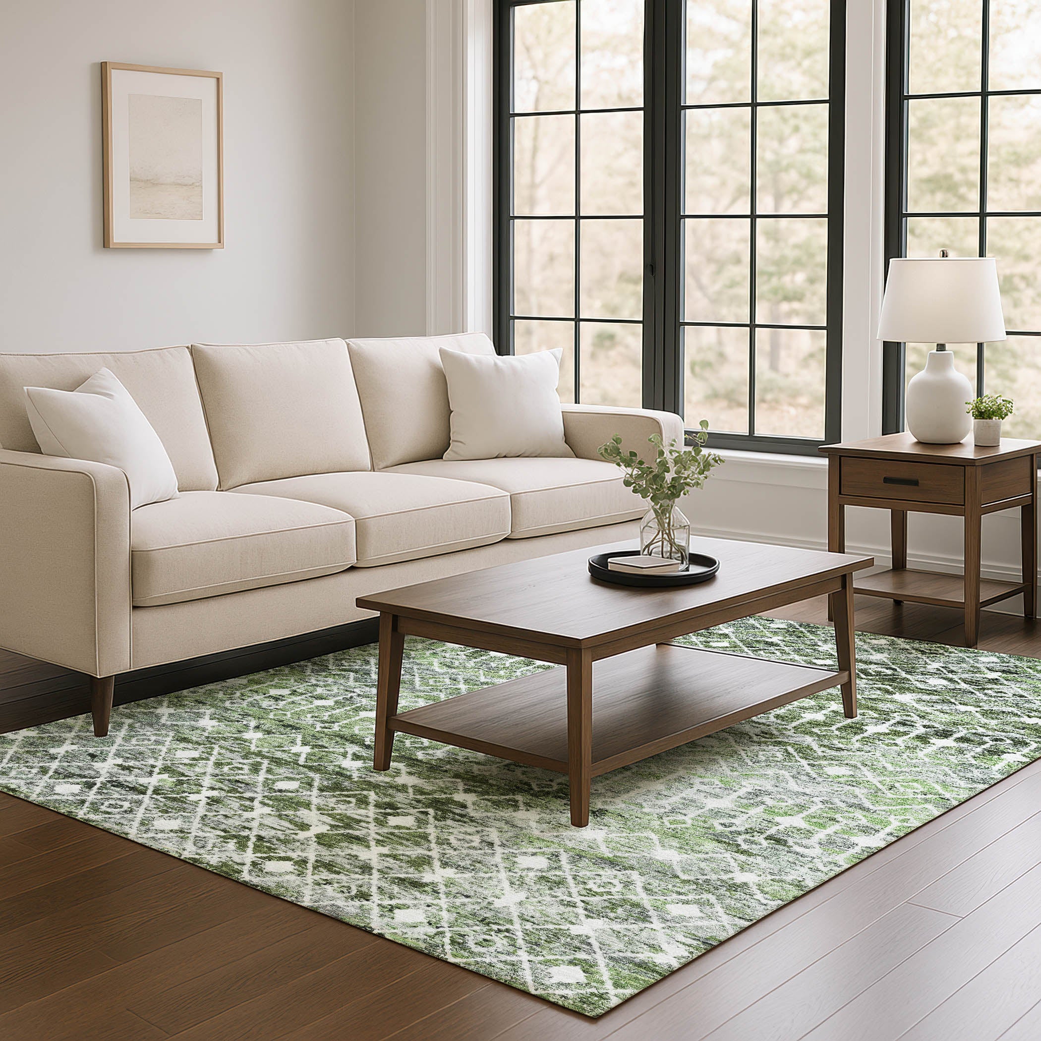 Mdina Machine Washable Transitional Olive Green Rug 2'6" x 3'10" #shape_Rectangle
