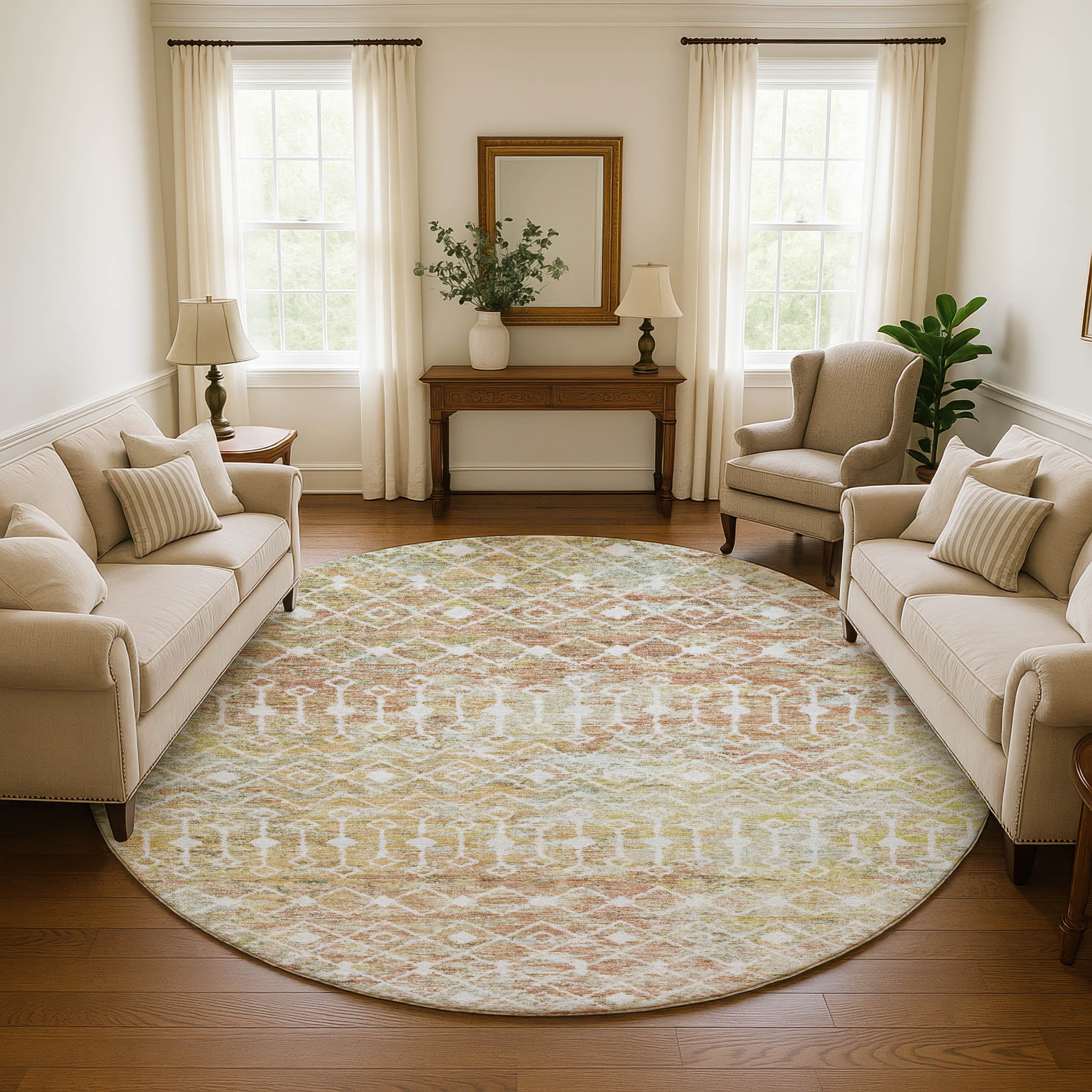 Mdina Machine Washable Transitional Peach Orange Rug 8' x 8' #shape_Round