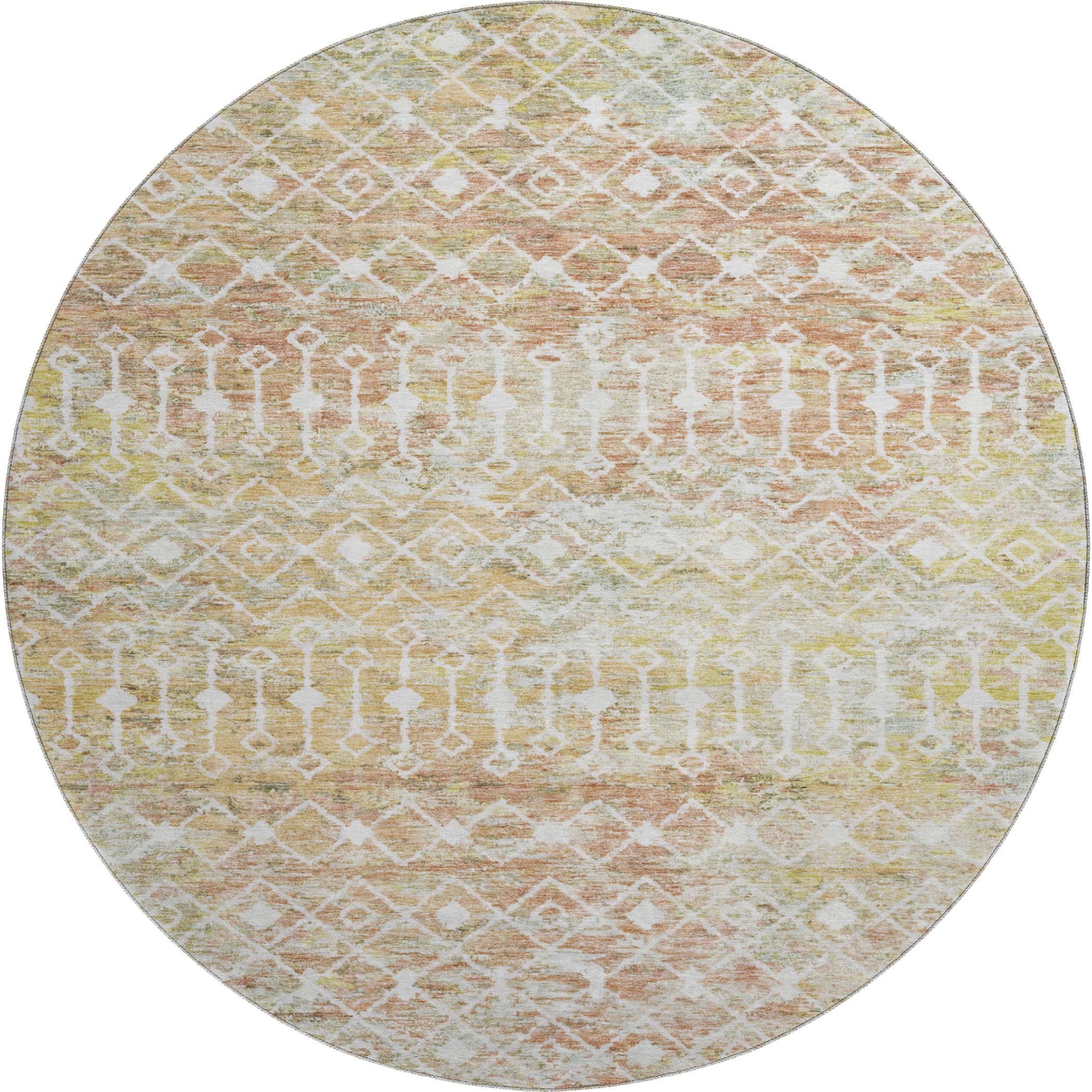 Mdina Machine Washable Transitional Peach Orange Rug 8' x 8' #shape_Round
