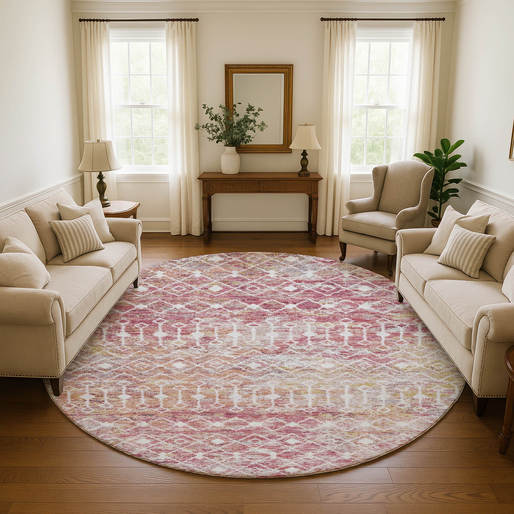 Mdina Machine Washable Transitional Pink Rug 8' x 8' #shape_Round