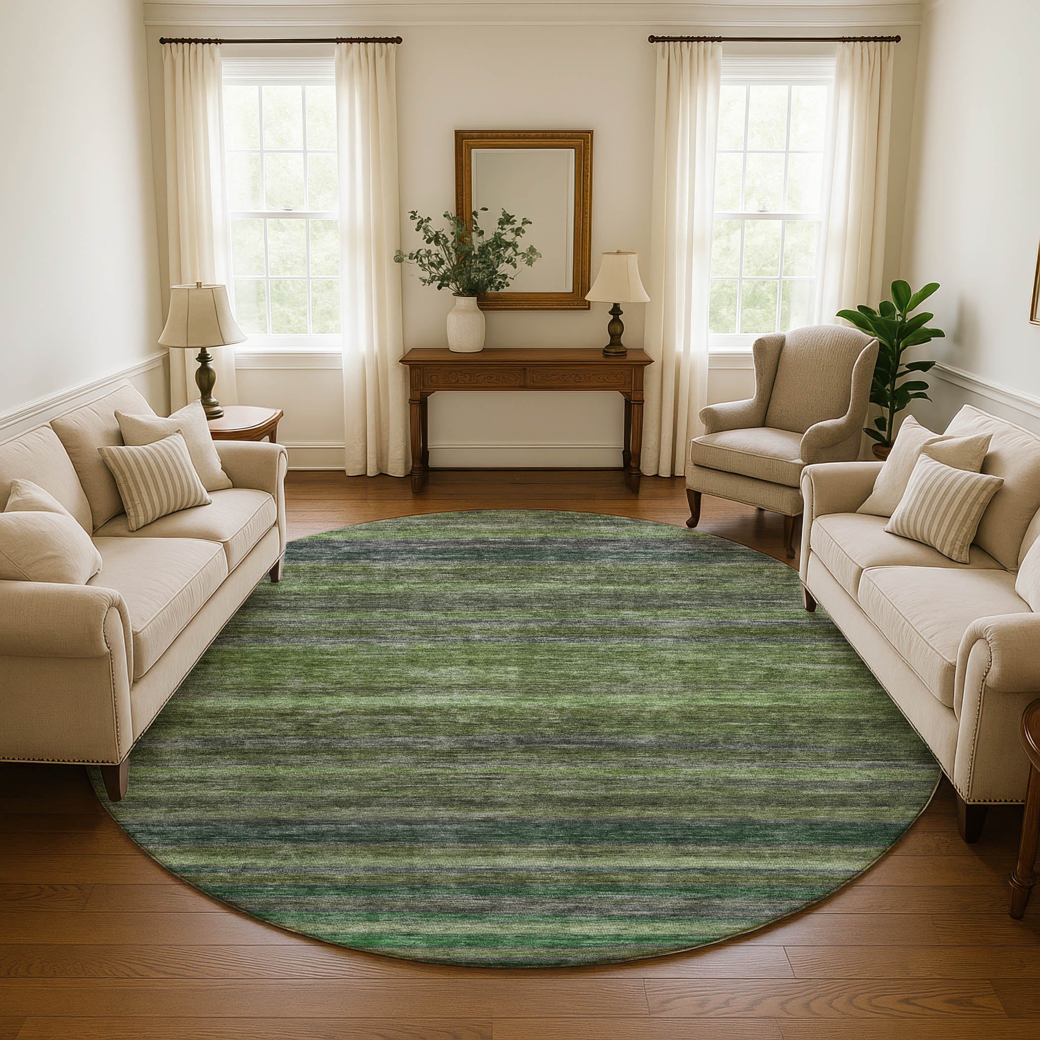 Athens Machine Washable Transitional Aloe Green Rug 8' x 8' #shape_Round