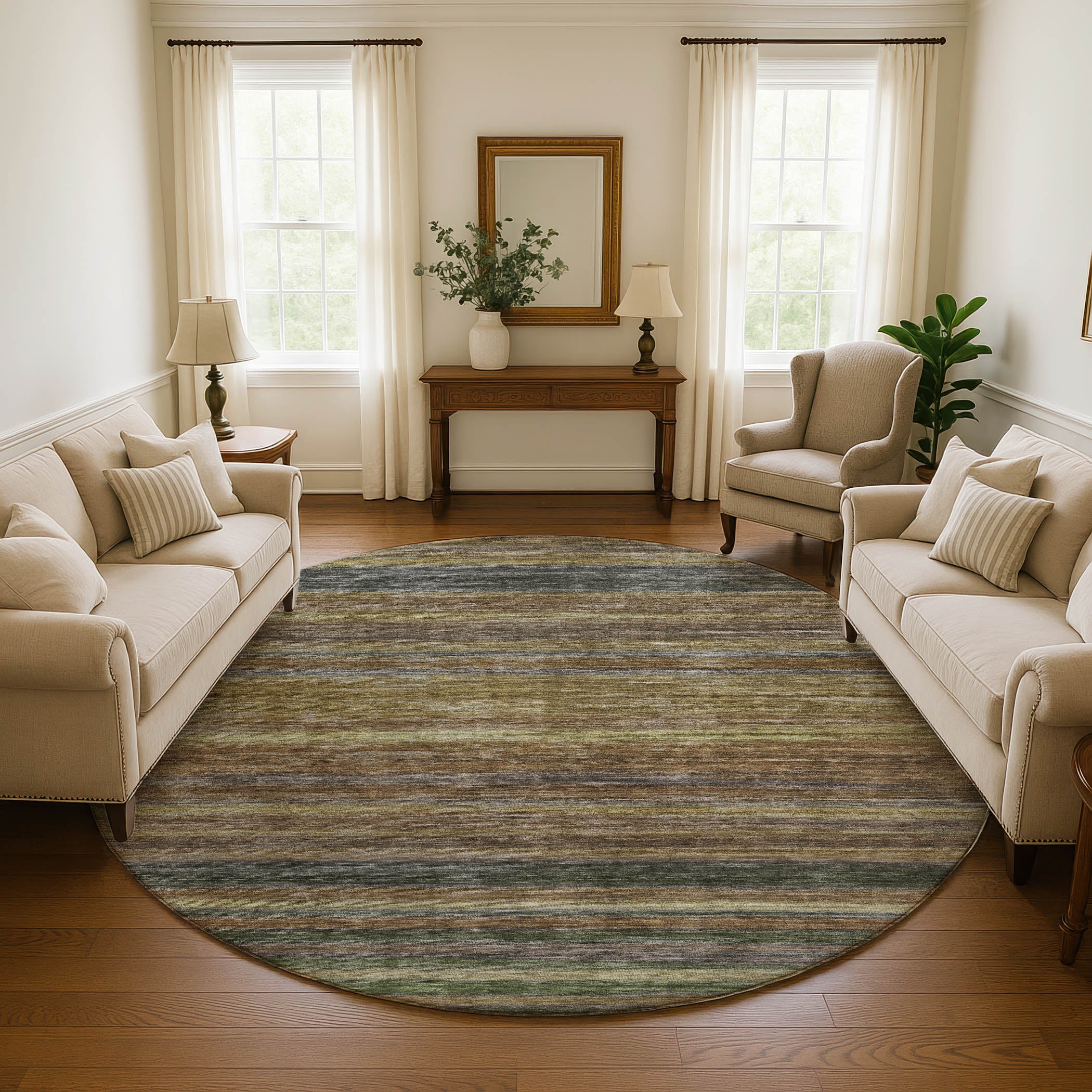 Athens Machine Washable Transitional Brown Rug 8' x 8' #shape_Round