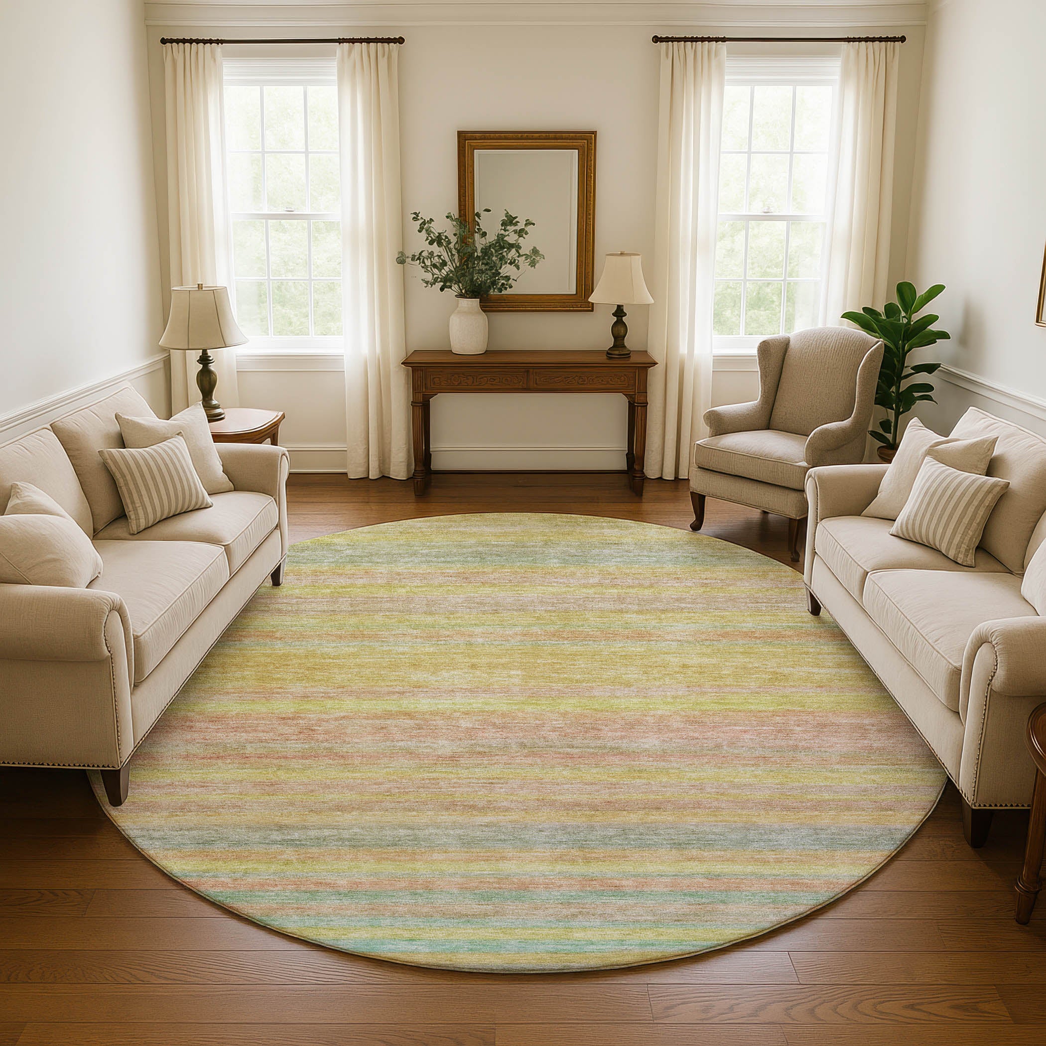 Athens Machine Washable Transitional Gold Rug 8' x 8' #shape_Round