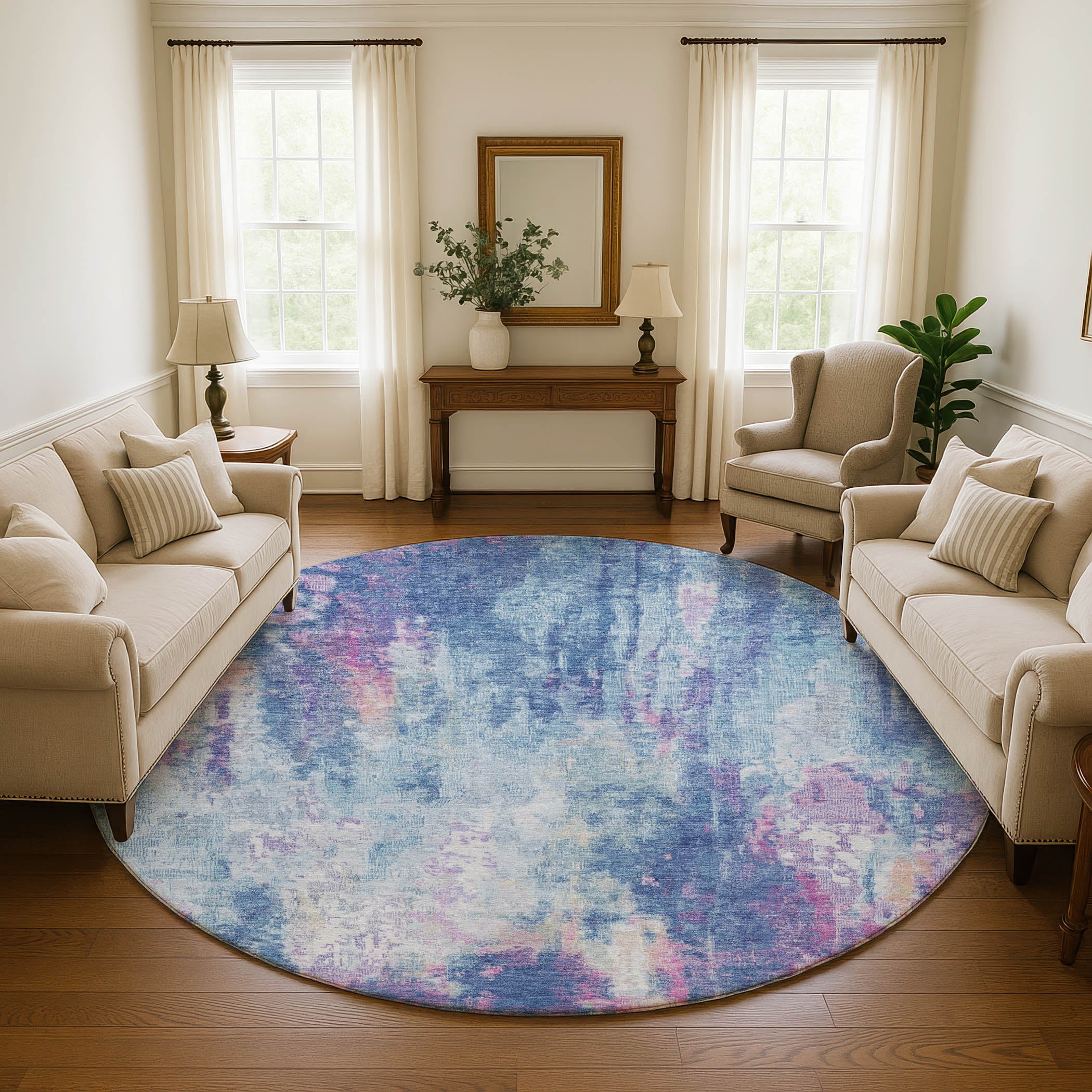 Luang Prabang Machine Washable Transitional Blue Rug 8' x 8' #shape_Round