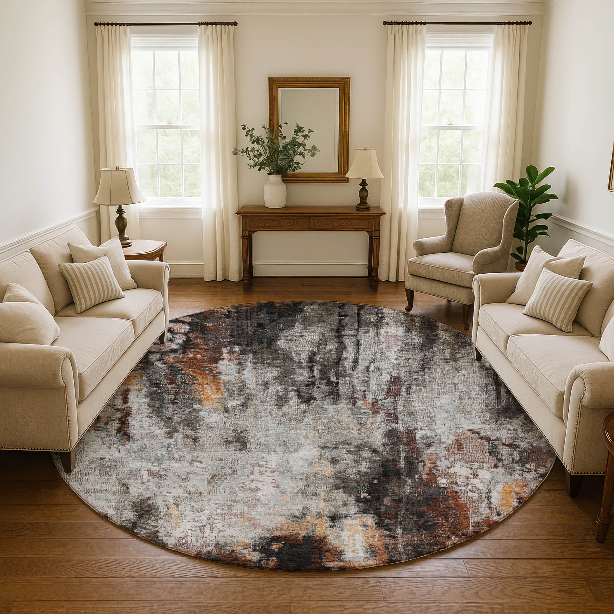Luang Prabang Machine Washable Transitional Gray Rug 8' x 8' #shape_Round