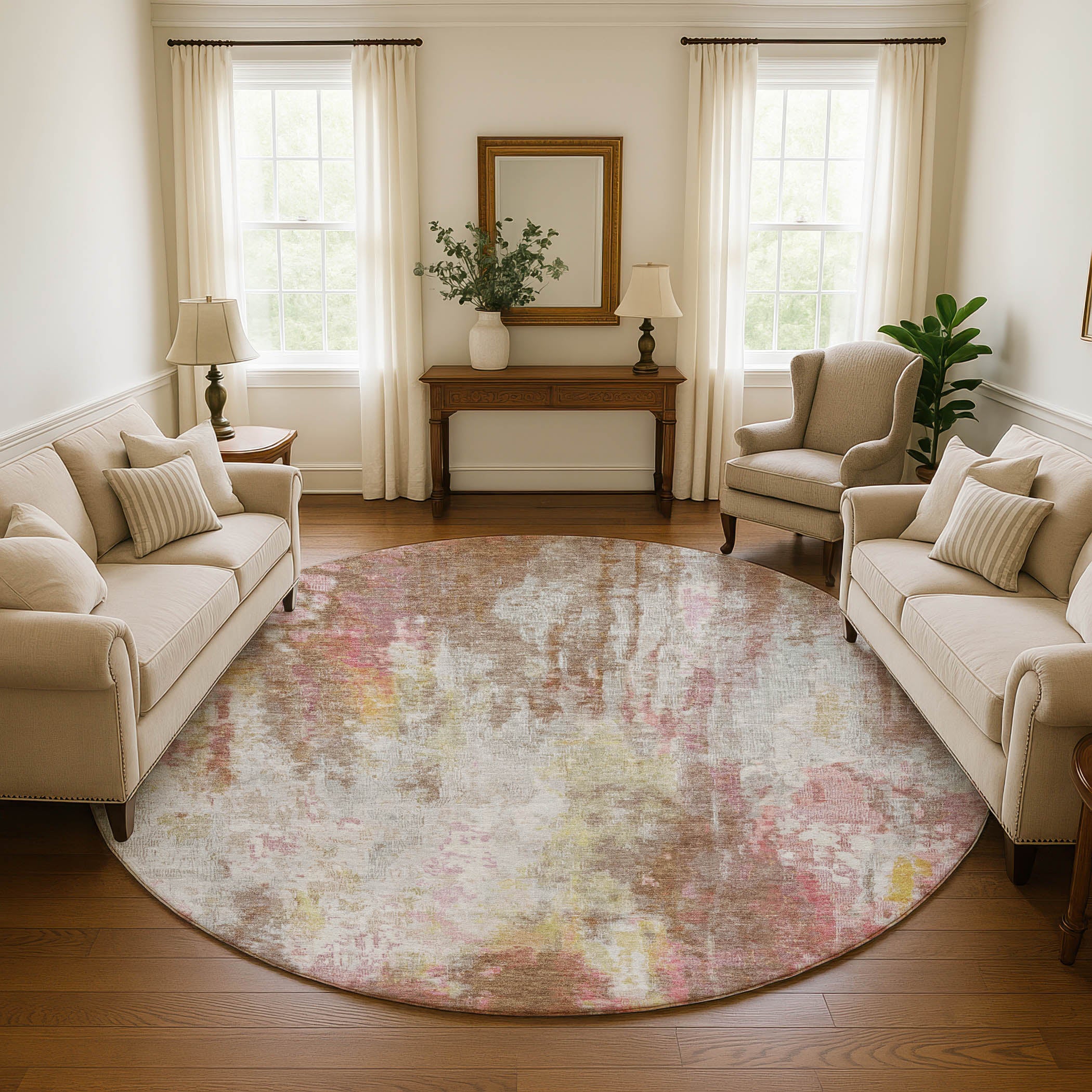 Luang Prabang Machine Washable Transitional Tan Brown Rug 8' x 8' #shape_Round