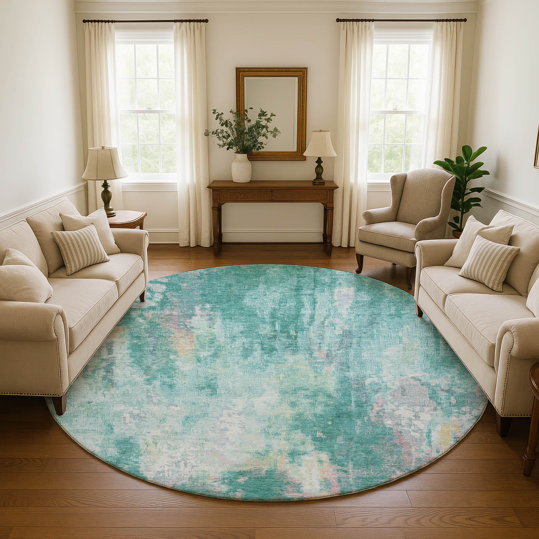 Luang Prabang Machine Washable Transitional Teal Rug 8' x 8' #shape_Round