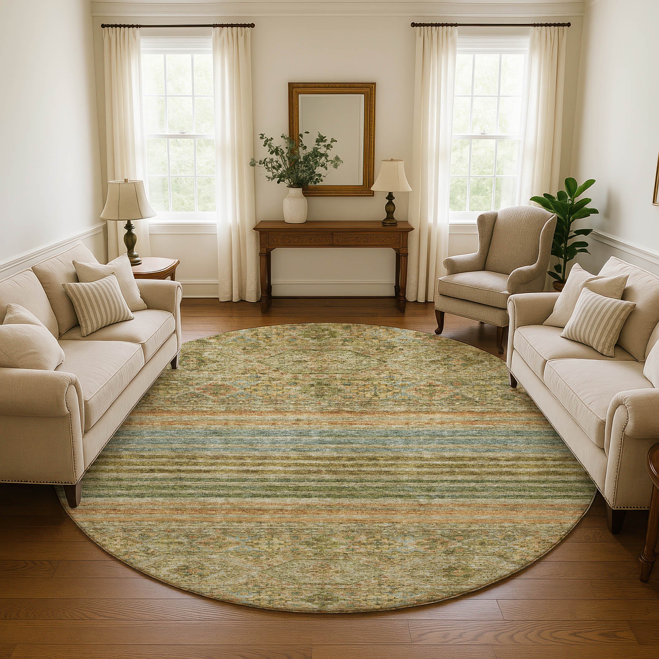 Kyoto Machine Washable Transitional Aloe Green Rug 8' x 8' #shape_Round