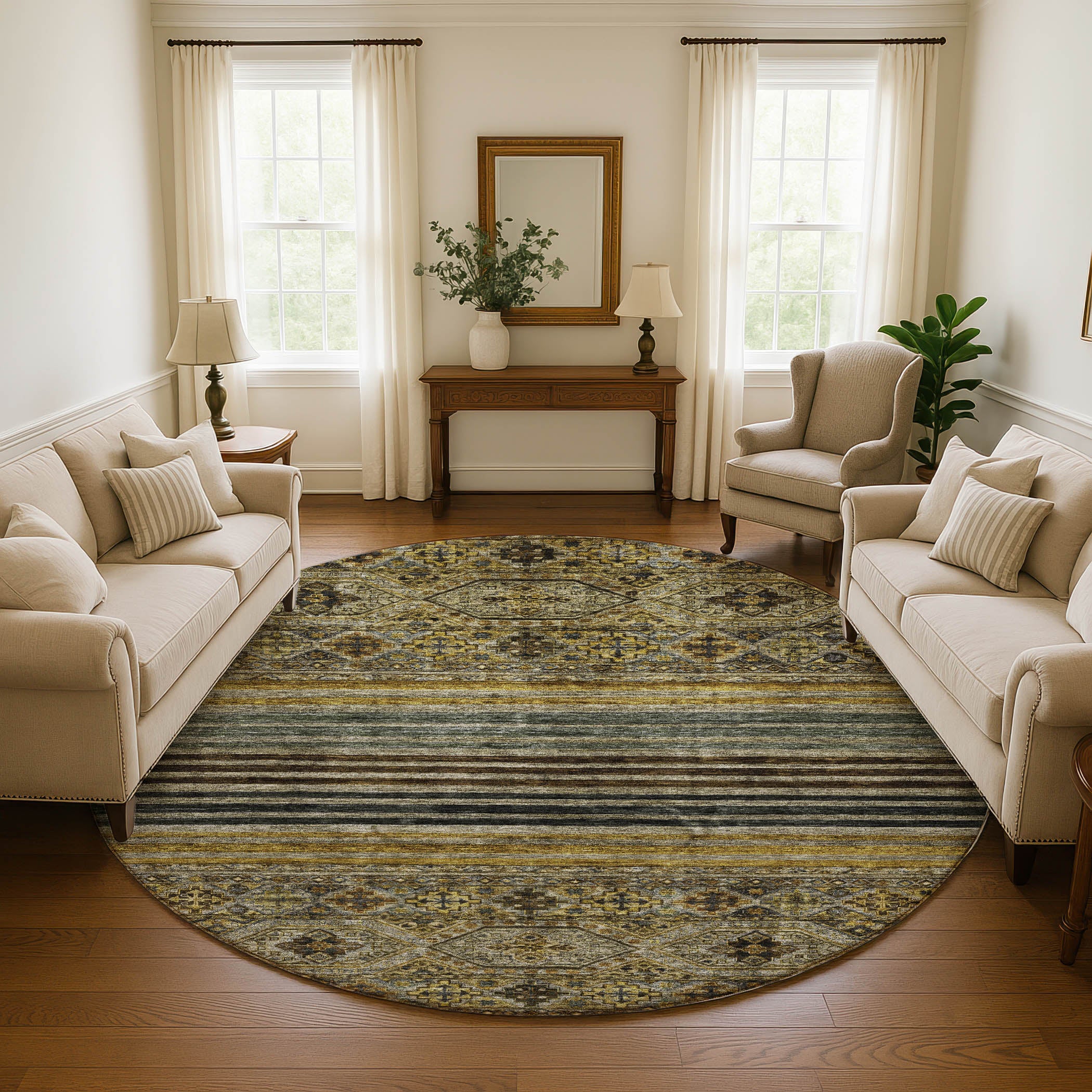Kyoto Machine Washable Transitional Gray Rug 8' x 8' #shape_Round