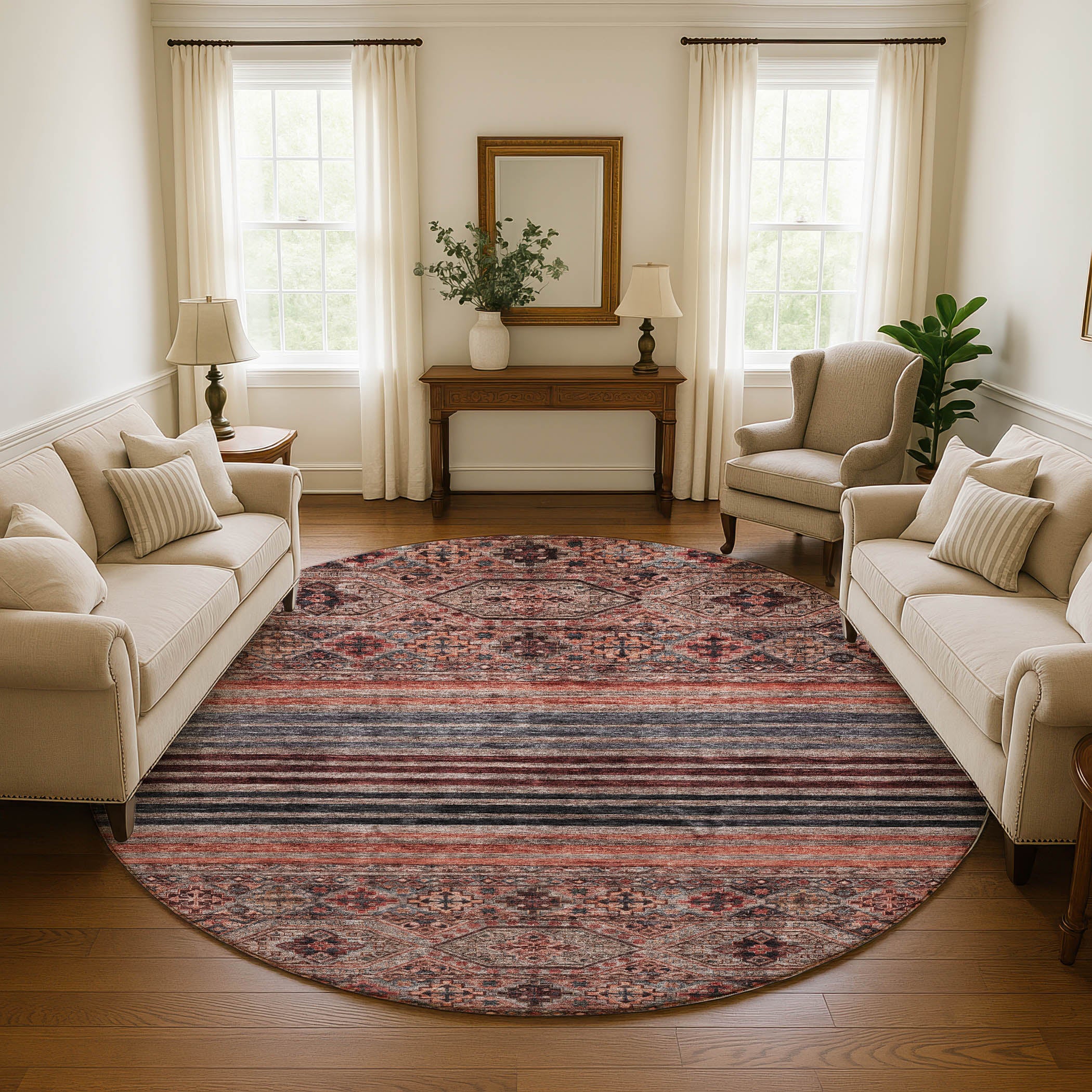 Kyoto Machine Washable Transitional Paprika Orange Rug 8' x 8' #shape_Round