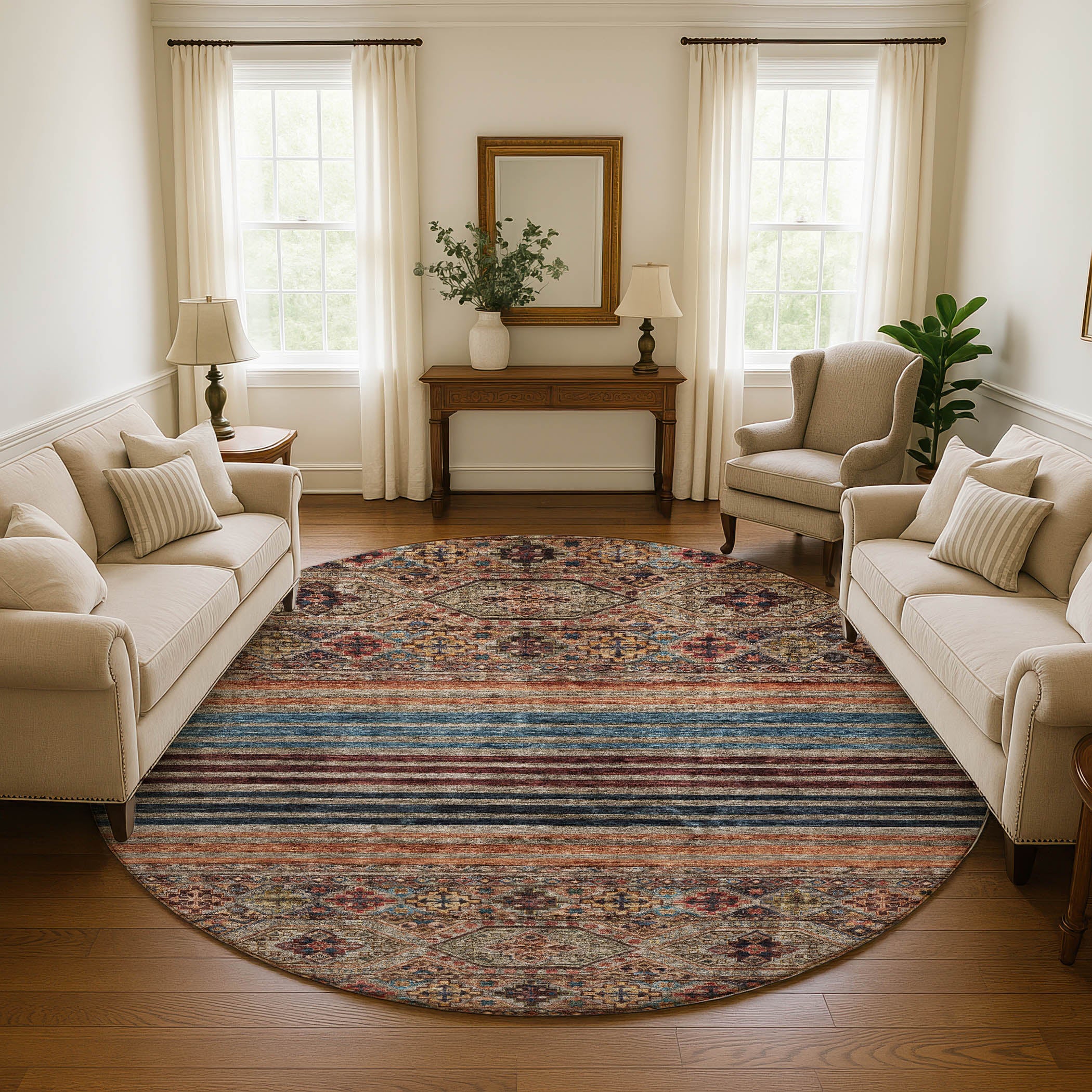Kyoto Machine Washable Transitional Taupe Brown Rug 8' x 8' #shape_Round