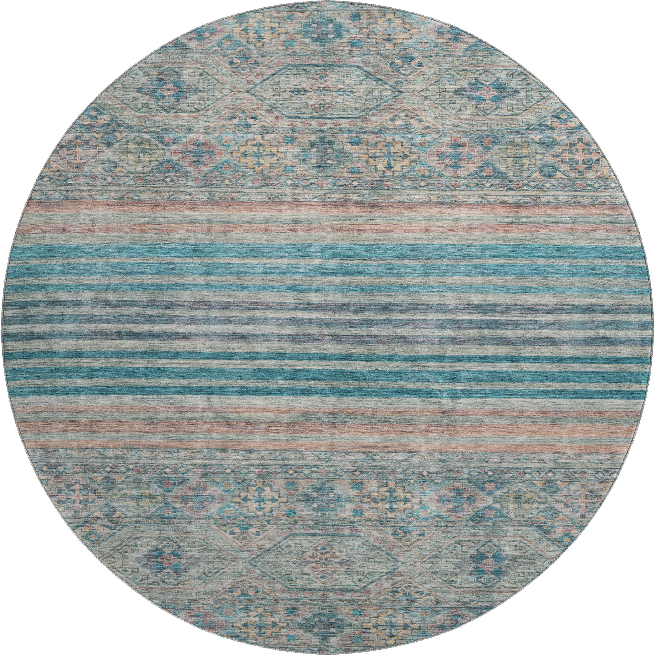 Kyoto Machine Washable Transitional Teal Rug 8' x 8' #shape_Round