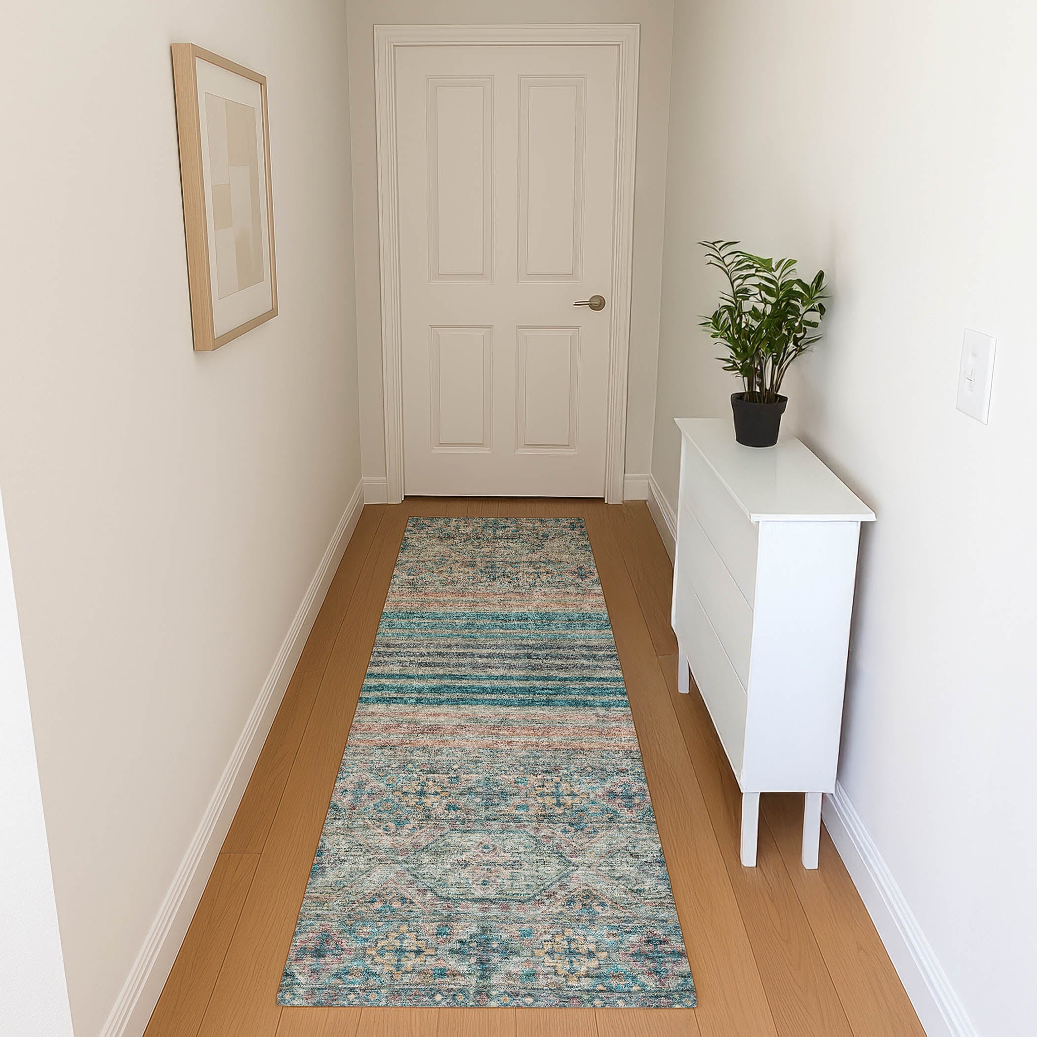 Kyoto Machine Washable Transitional Teal Rug 2'3" x 7'6" #shape_Runner