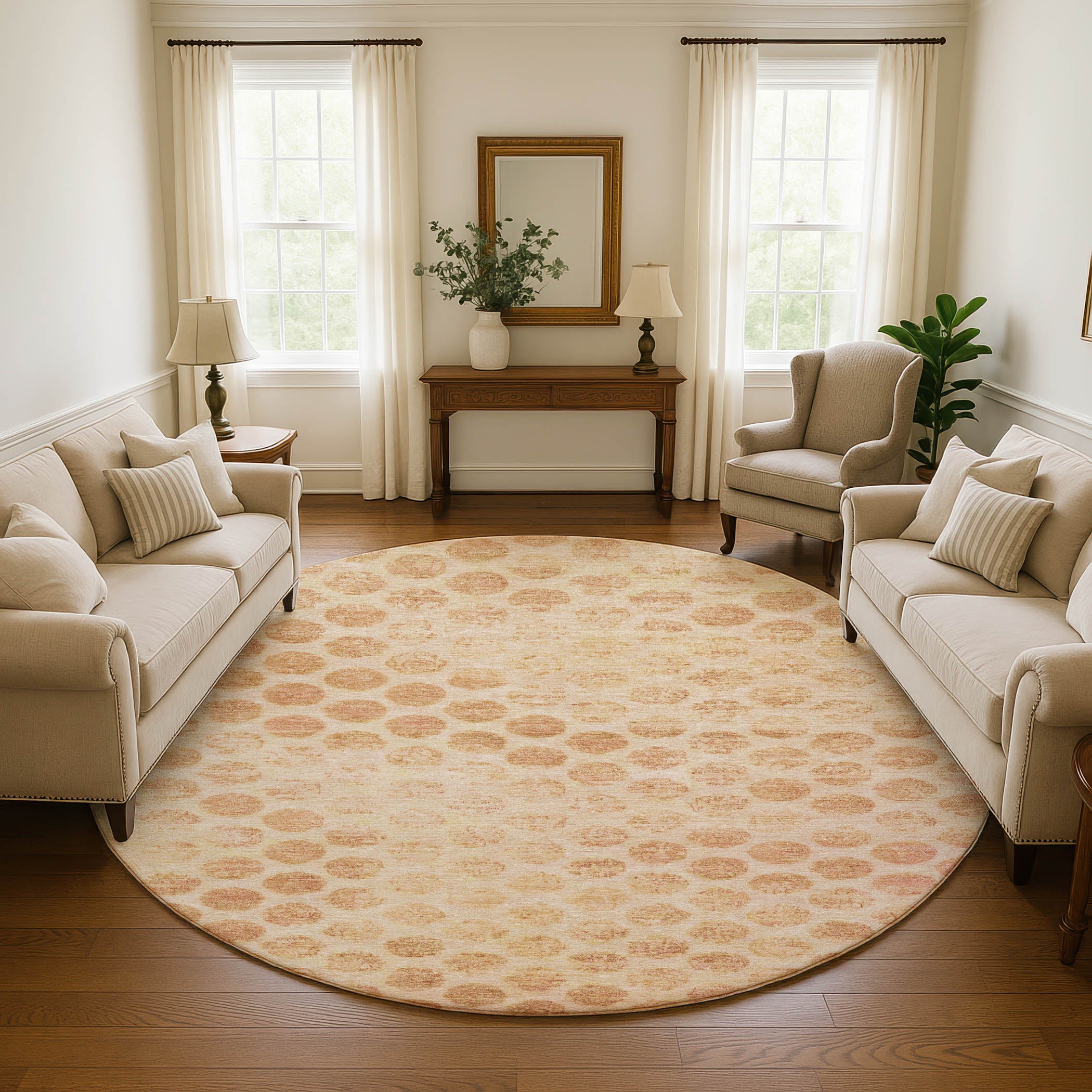 Porto Machine Washable Transitional Peach Orange Rug 8' x 8' #shape_Round