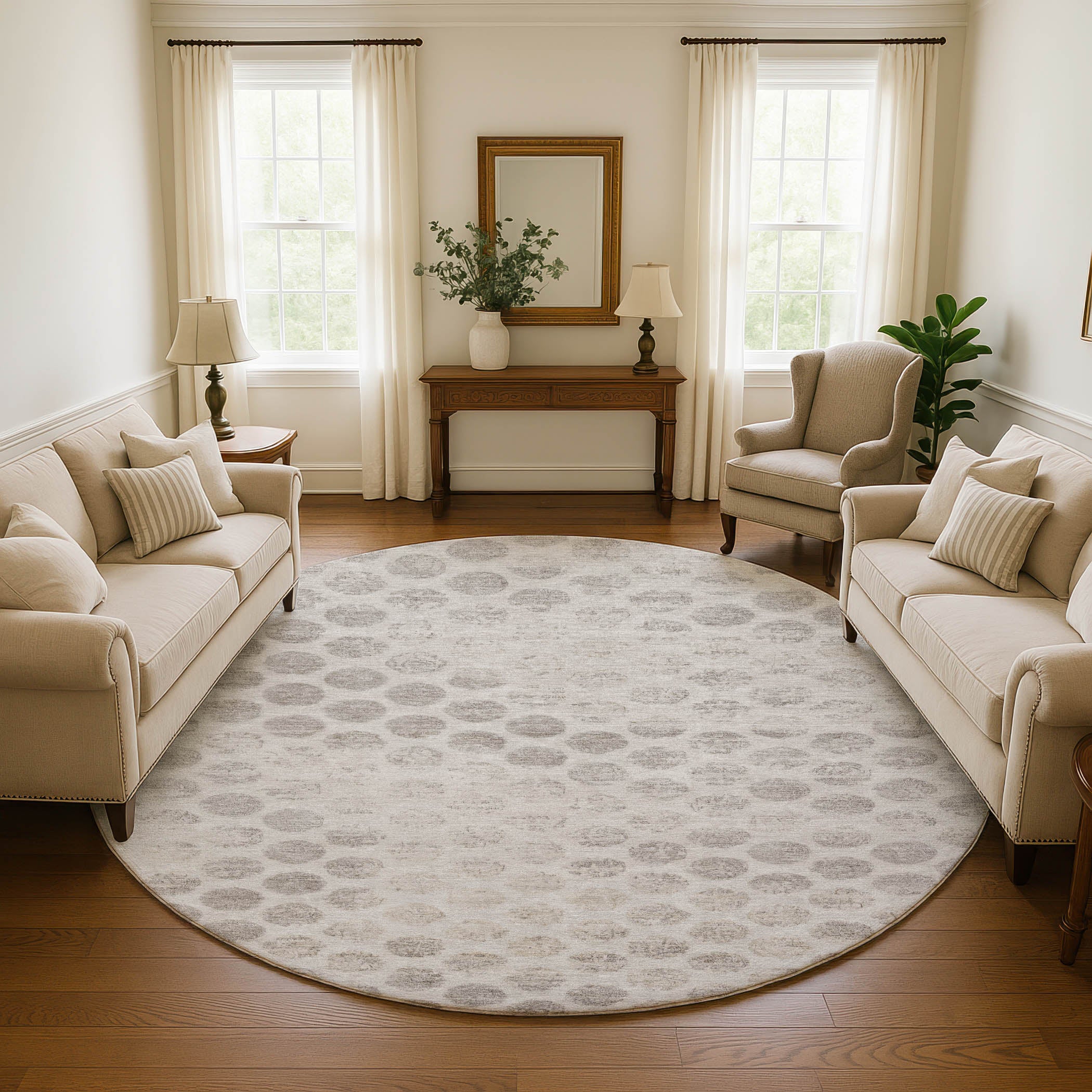Porto Machine Washable Transitional Taupe Brown Rug 8' x 8' #shape_Round