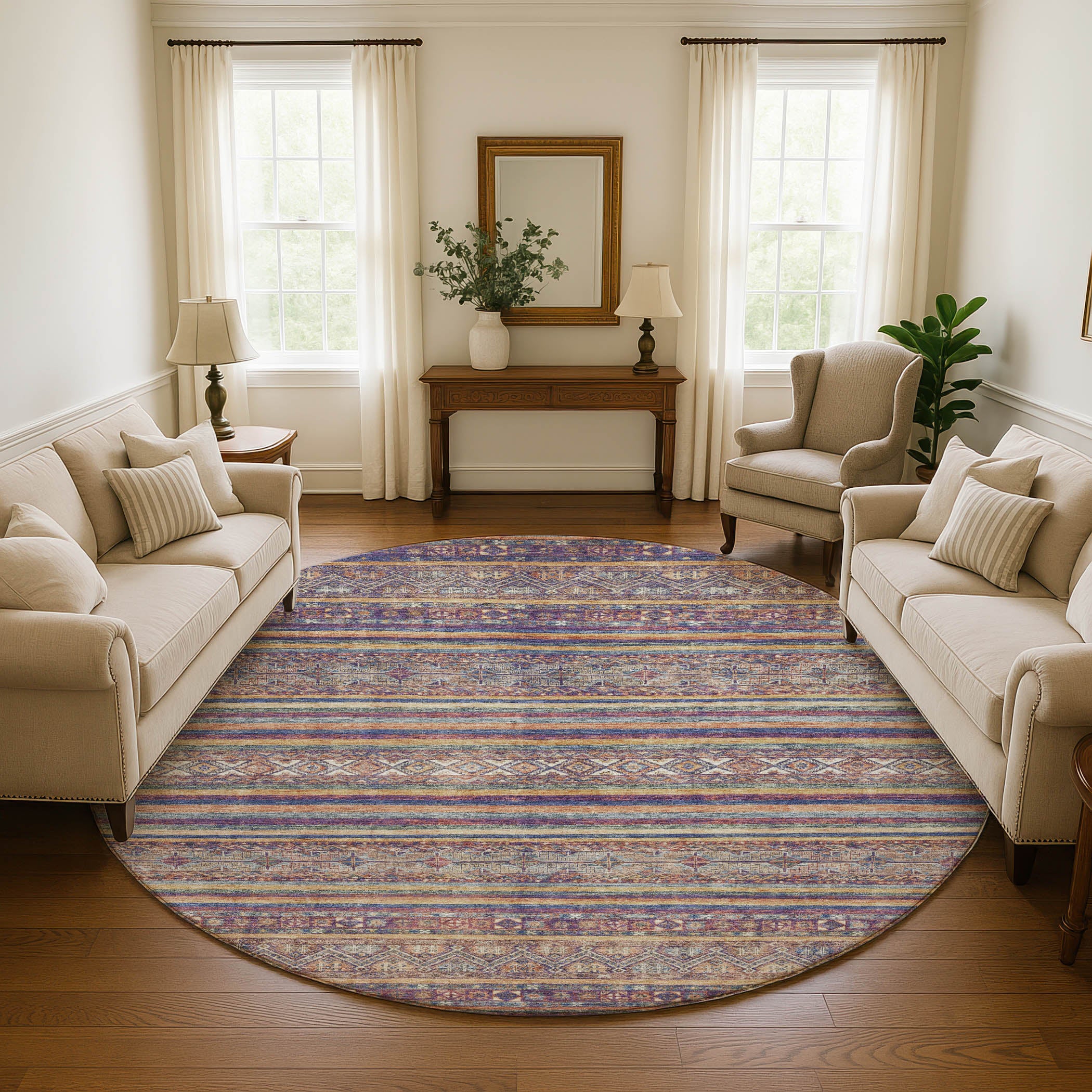 Seoul Machine Washable Transitional Blue Rug 8' x 8' #shape_Round