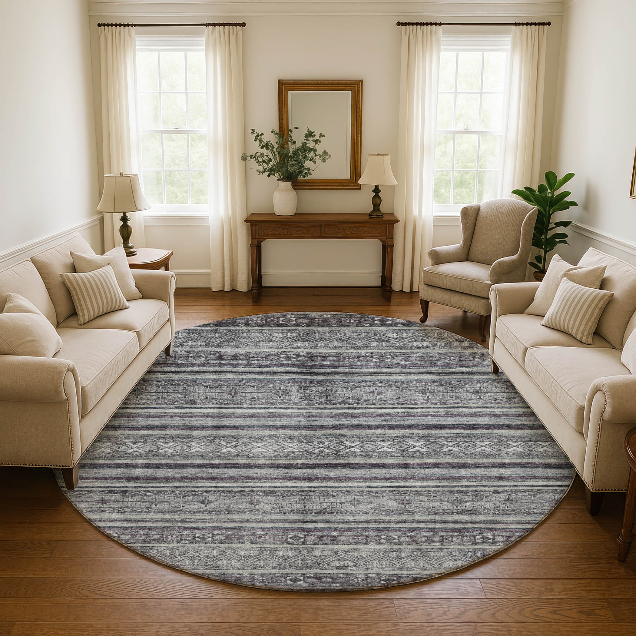 Seoul Machine Washable Transitional Gray Rug 8' x 8' #shape_Round
