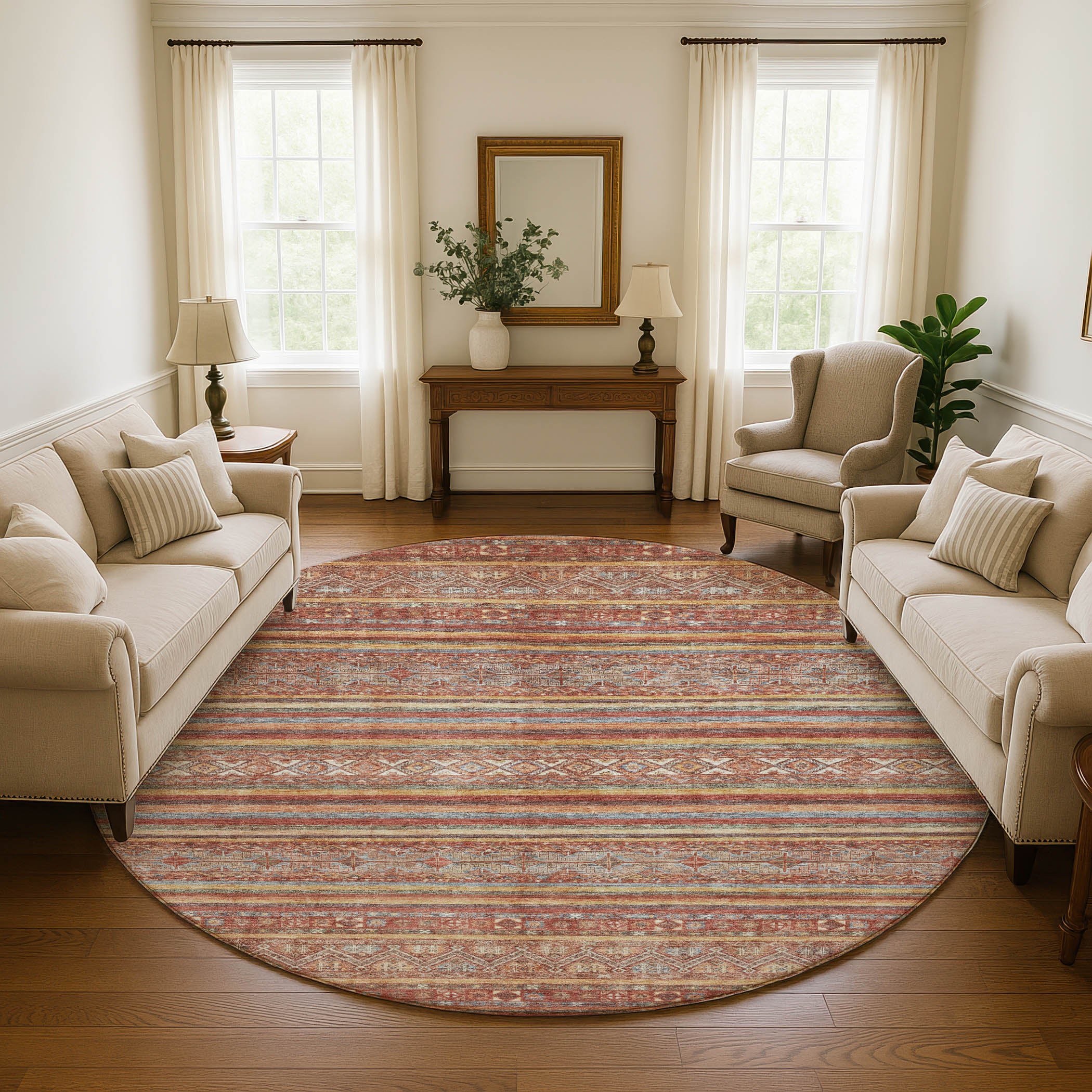 Seoul Machine Washable Transitional Paprika Orange Rug 8' x 8' #shape_Round
