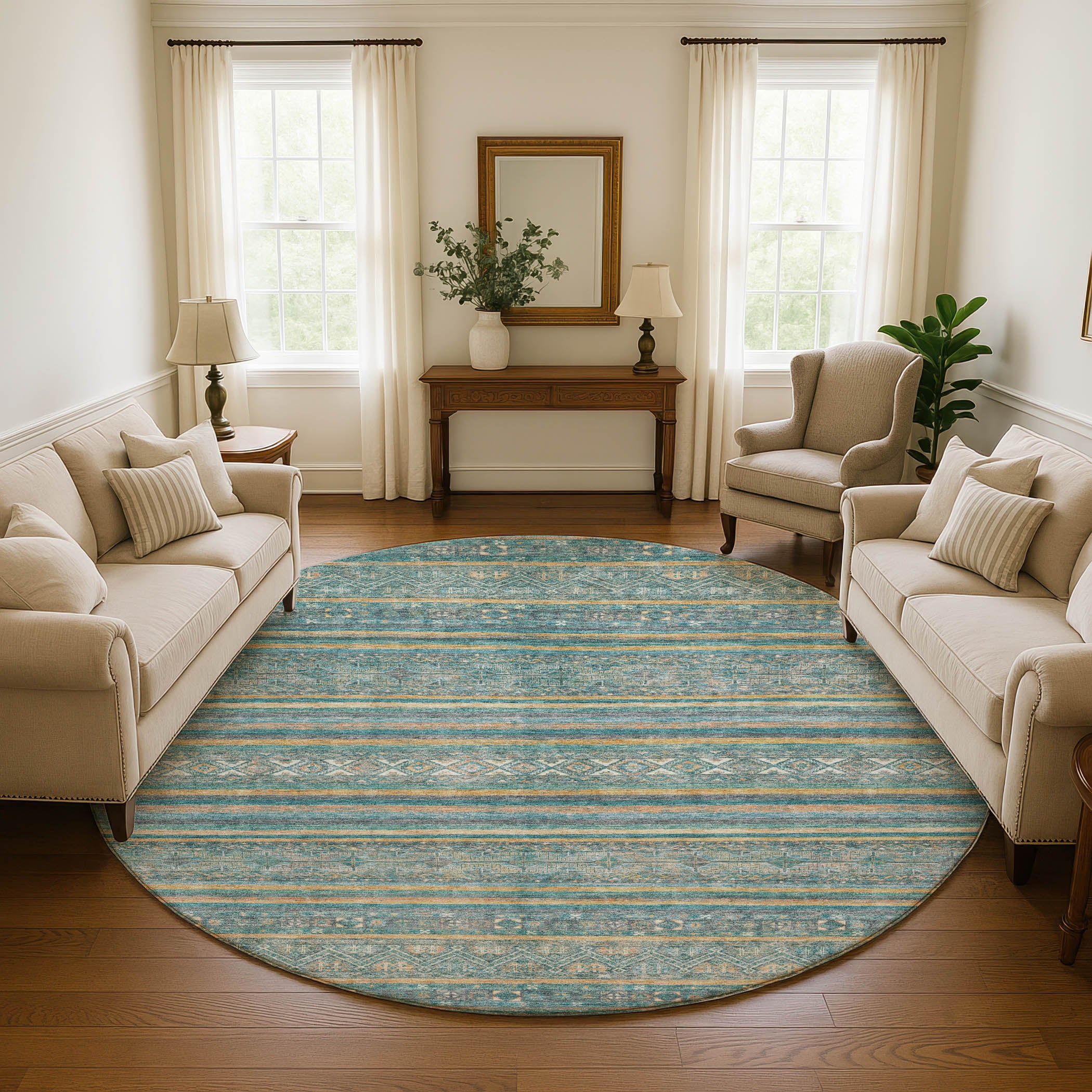 Seoul Machine Washable Transitional Teal Rug 8' x 8' #shape_Round