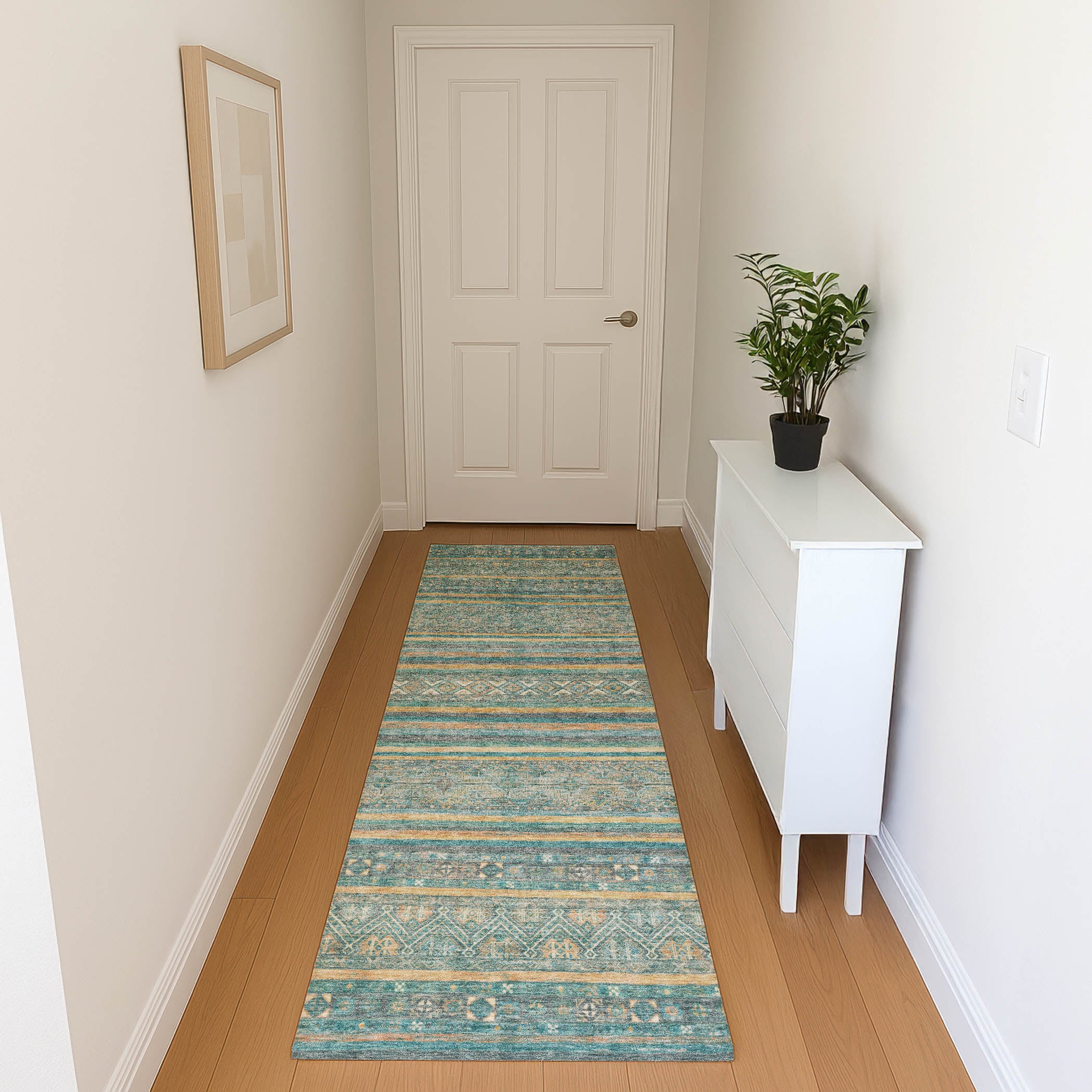 Seoul Machine Washable Transitional Teal Rug 2'3" x 7'6" #shape_Runner
