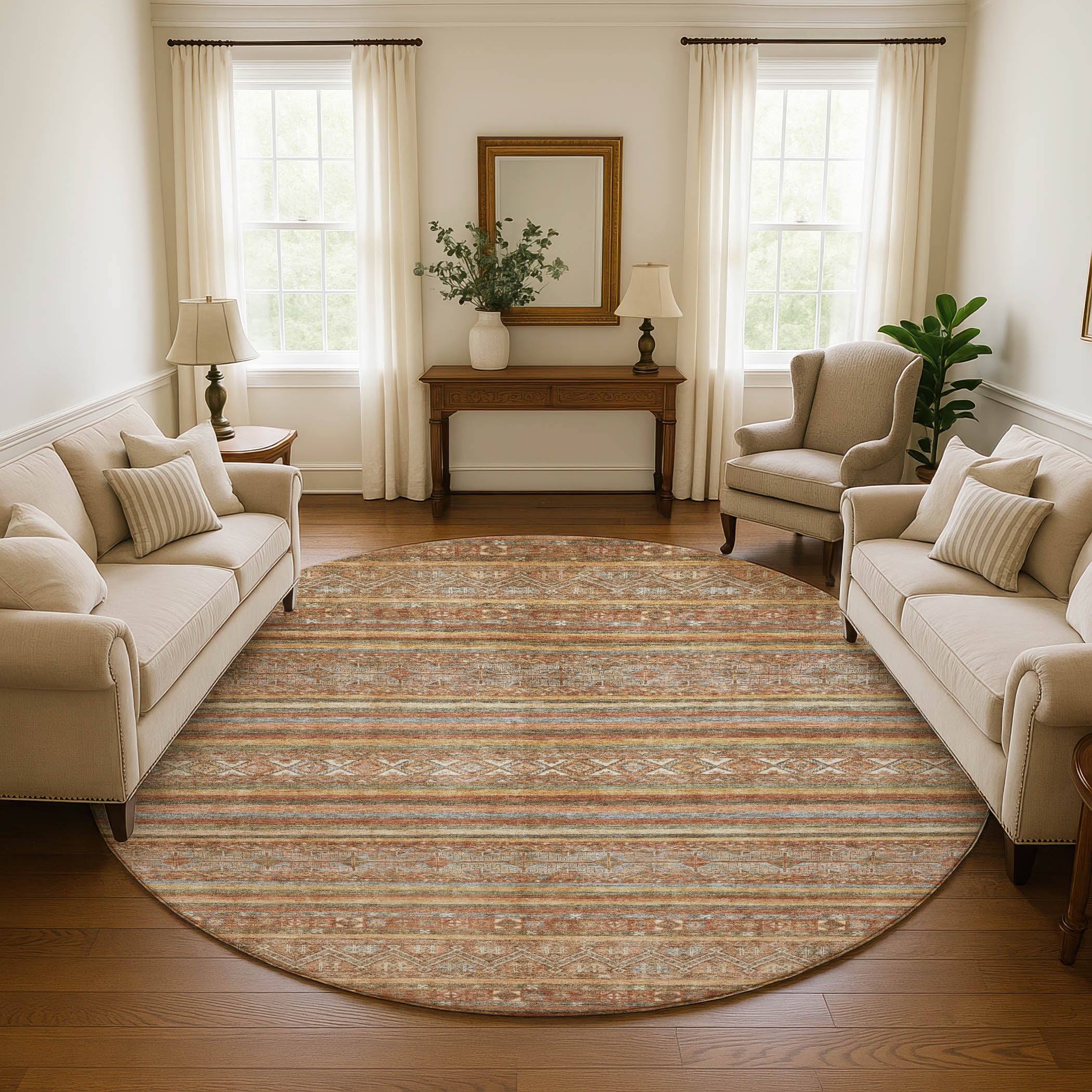 Seoul Machine Washable Transitional Terracotta Orange Rug 8' x 8' #shape_Round