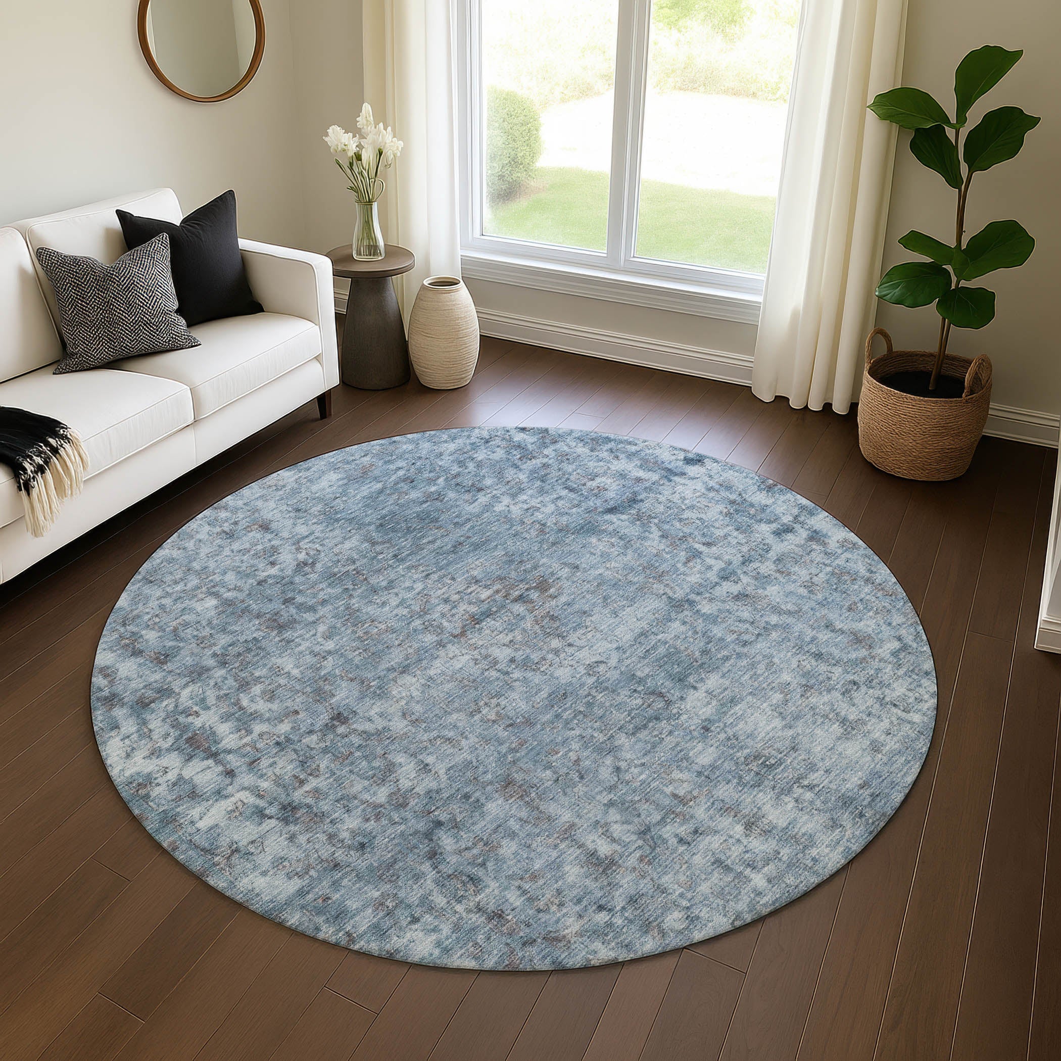 Baku Machine Washable Traditional Blue Rug 8' x 8' #shape_Round