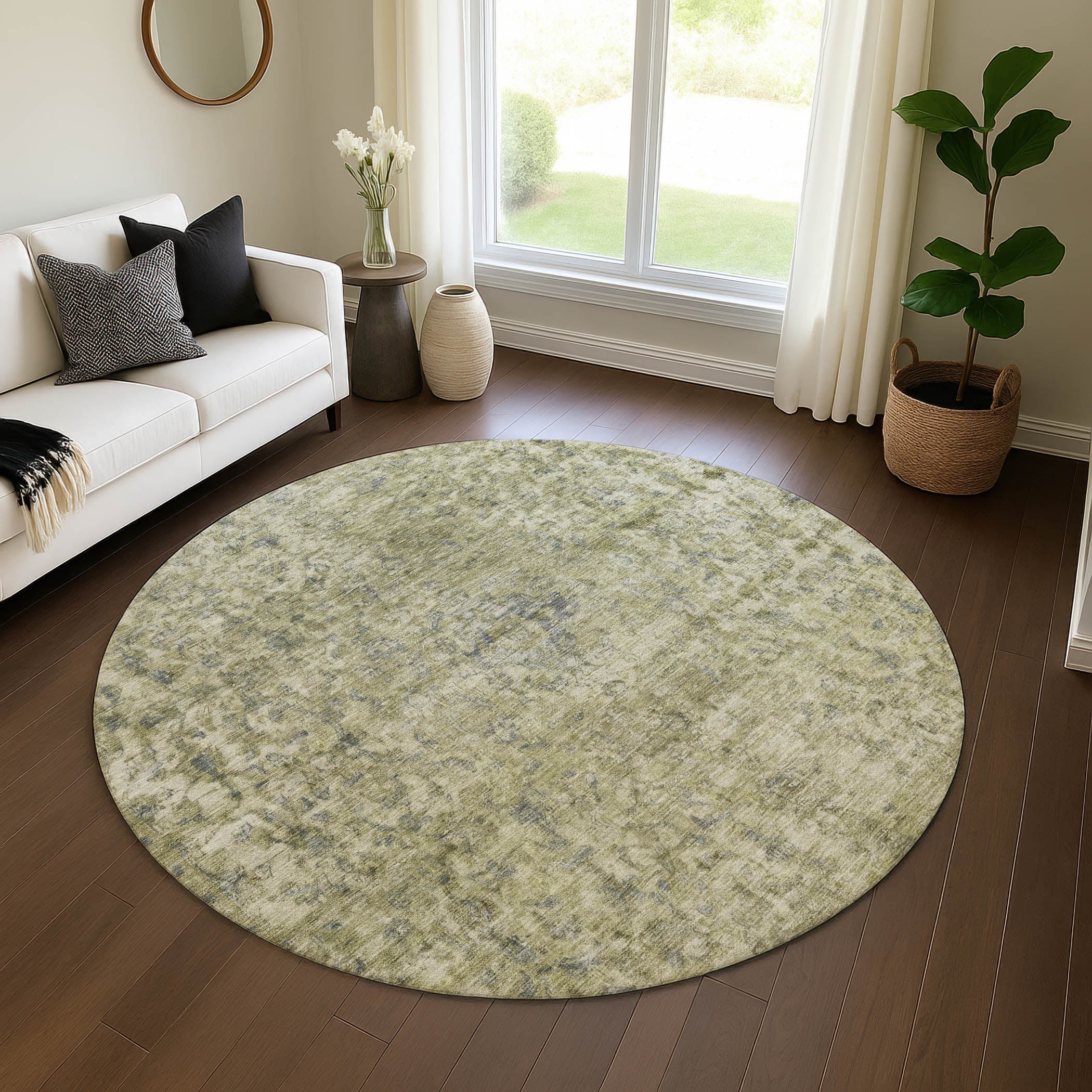 Baku Machine Washable Traditional Sage Green Rug 8' x 8' #shape_Round