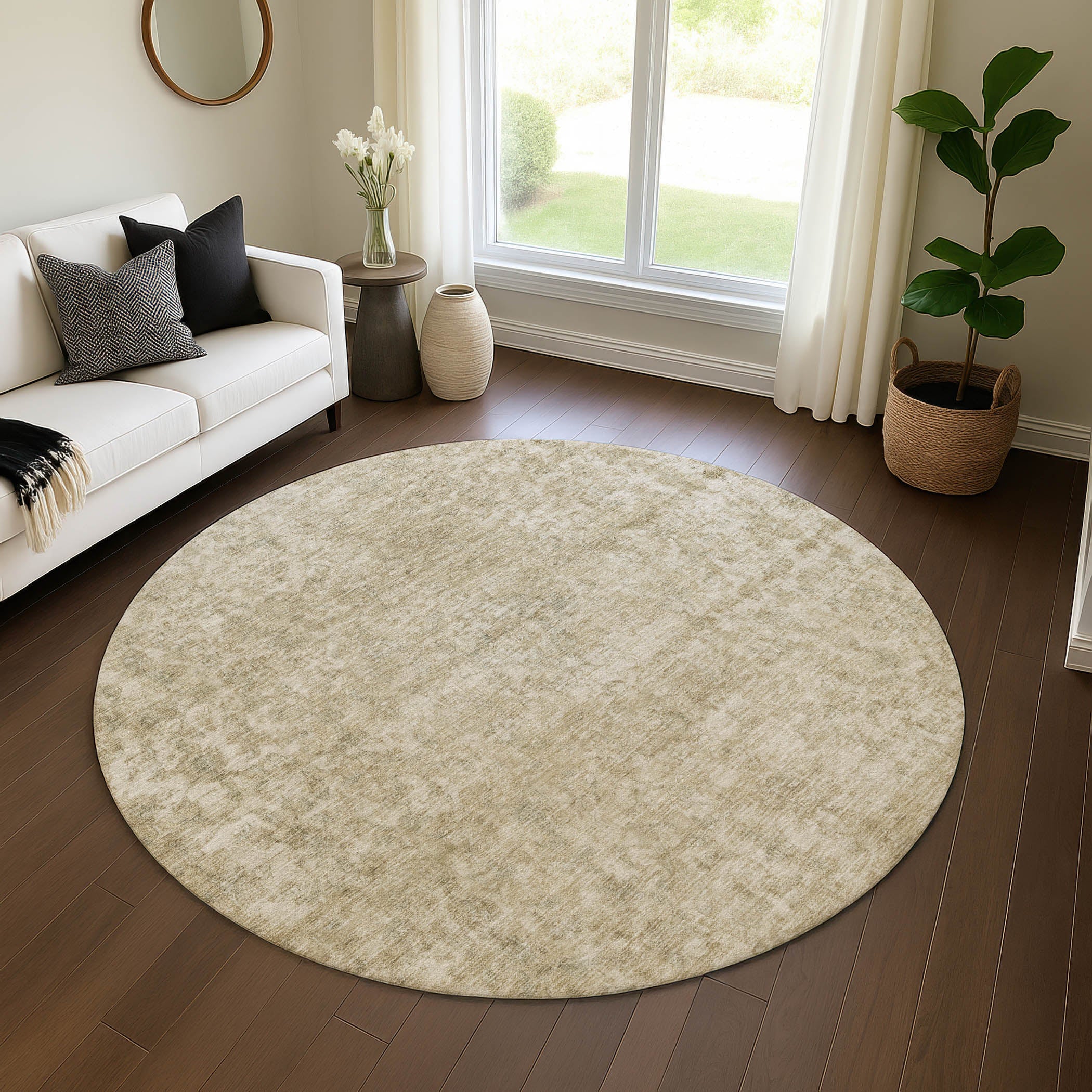 Baku Machine Washable Traditional Tan Brown Rug 8' x 8' #shape_Round