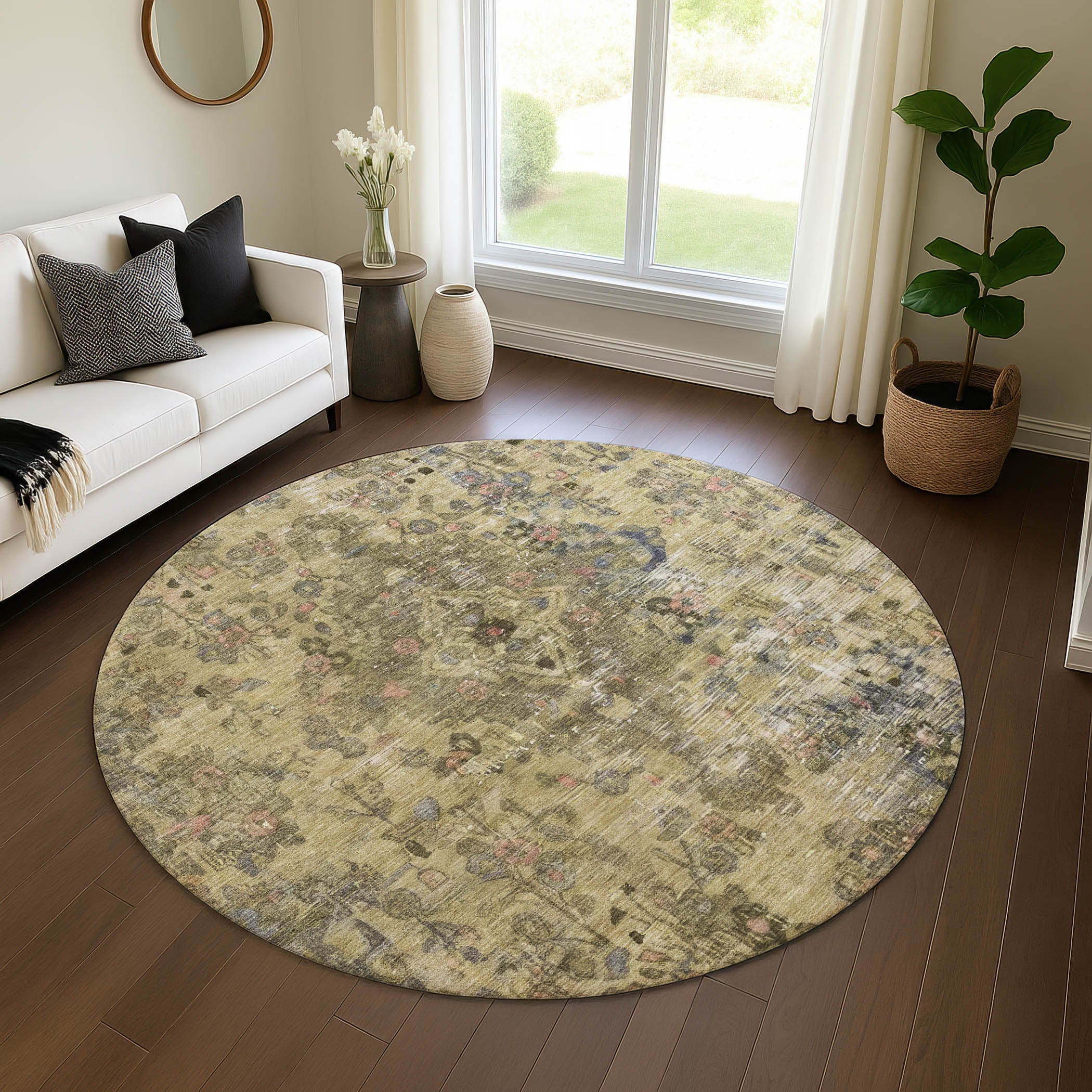 Istanbul Machine Washable Traditional Aloe Green Rug 8' x 8' #shape_Round