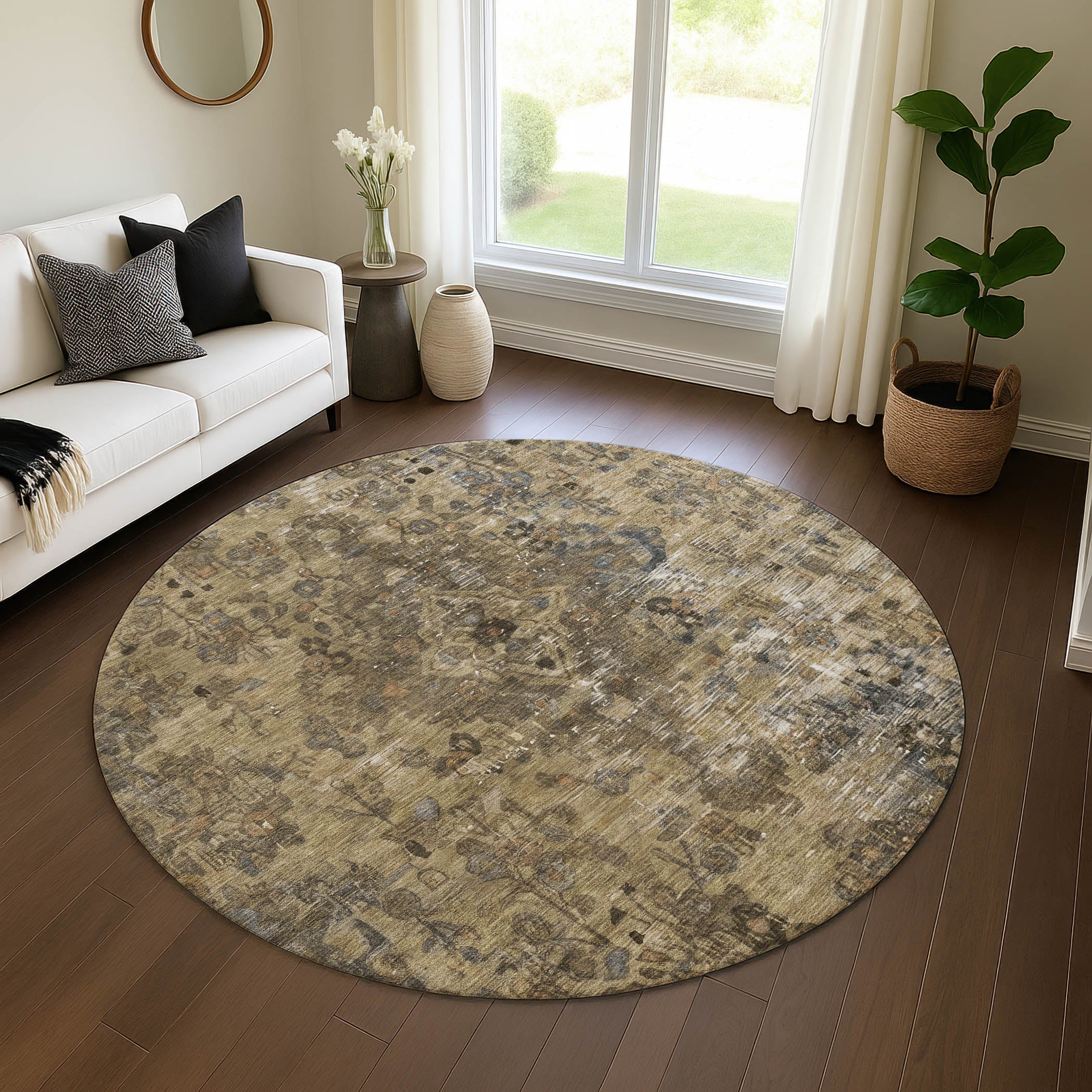 Istanbul Machine Washable Traditional Brown Rug 8' x 8' #shape_Round