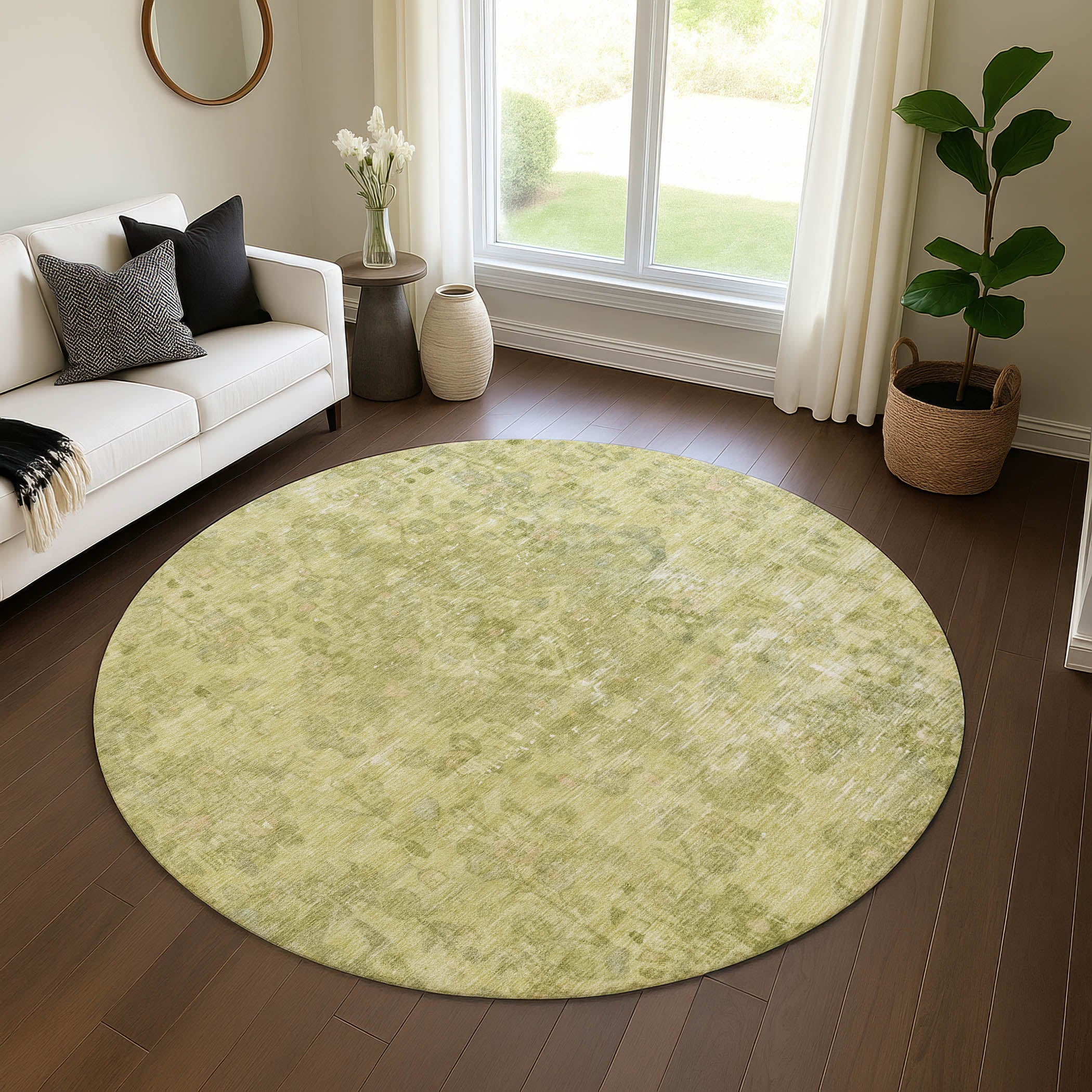 Istanbul Machine Washable Traditional Cactus Green Rug 8' x 8' #shape_Round