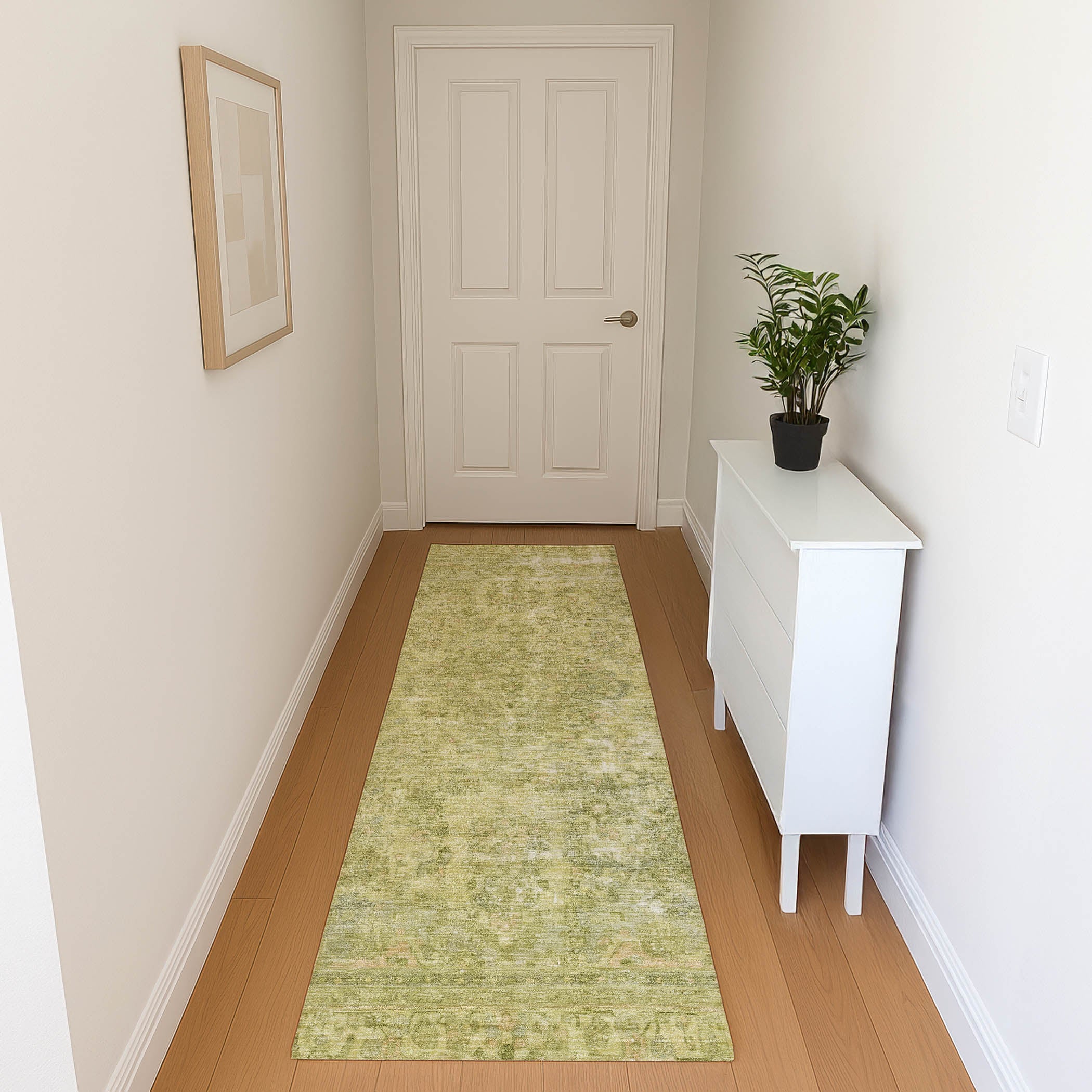 Istanbul Machine Washable Traditional Cactus Green Rug 2'3" x 7'6" #shape_Runner