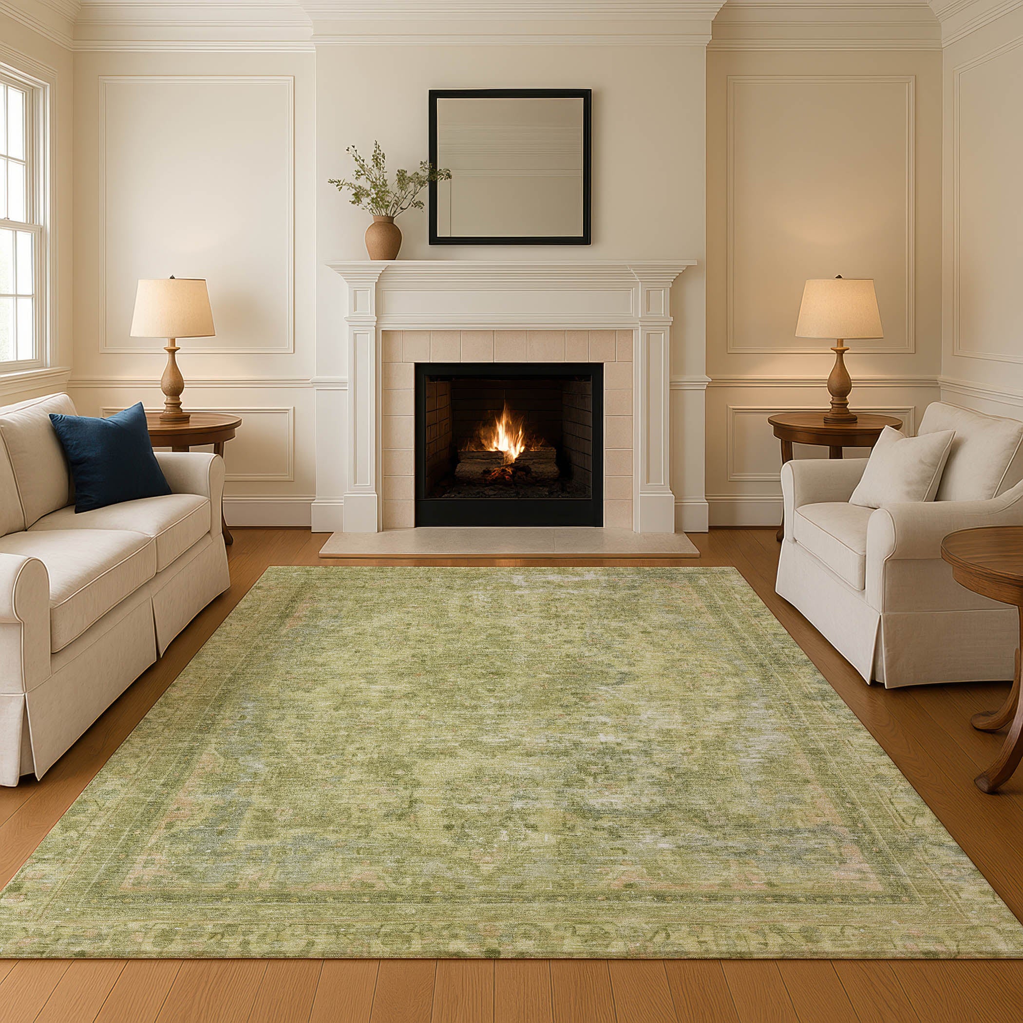 Istanbul Machine Washable Traditional Cactus Green Rug 2'6" x 3'10" #shape_Rectangle