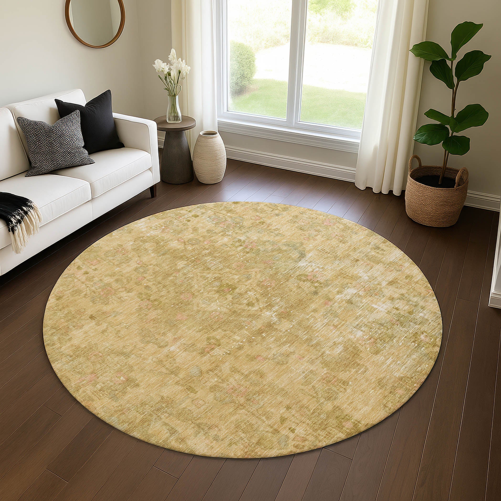 Istanbul Machine Washable Traditional Coral Orange Rug 8' x 8' #shape_Round