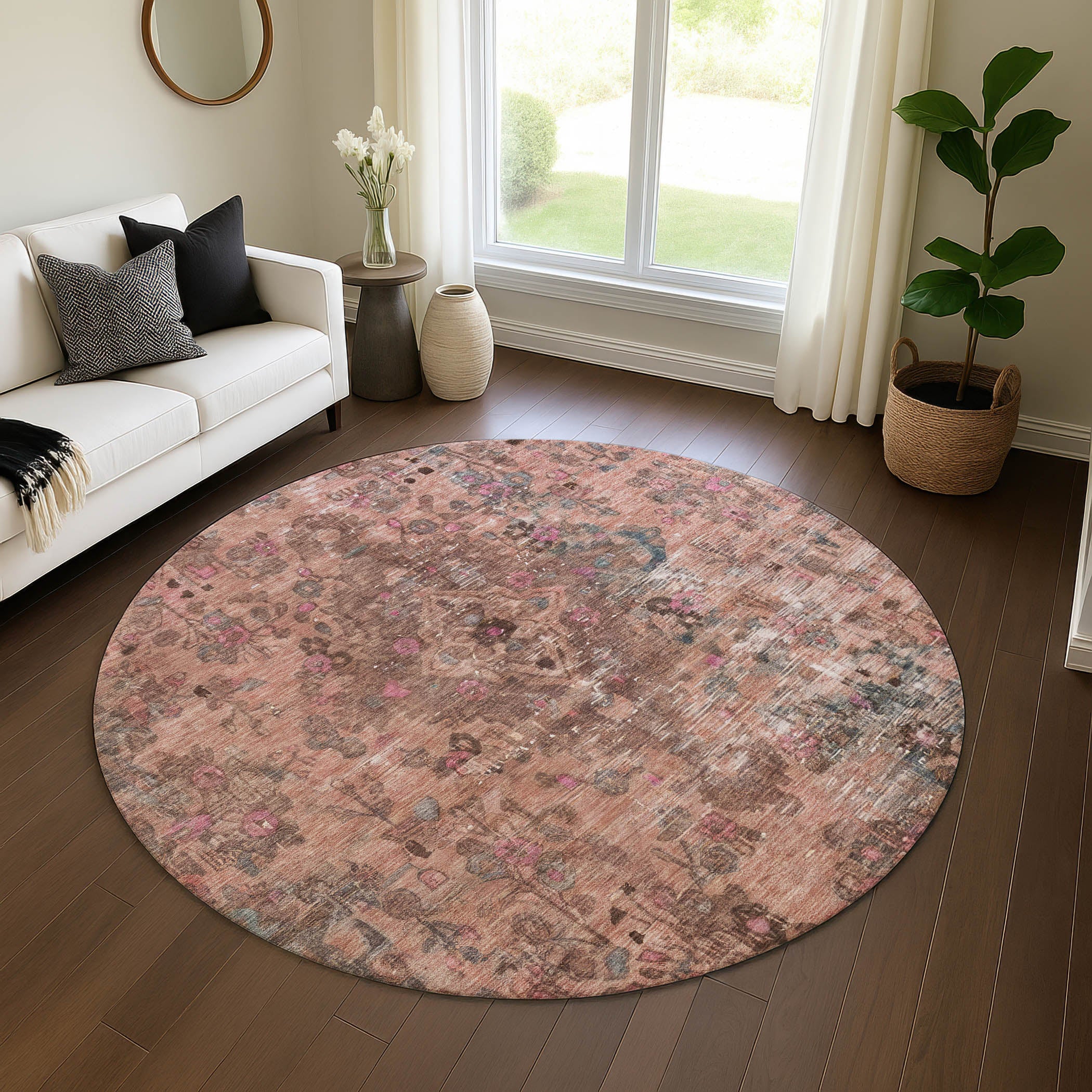 Istanbul Machine Washable Traditional Pink Rug 8' x 8' #shape_Round