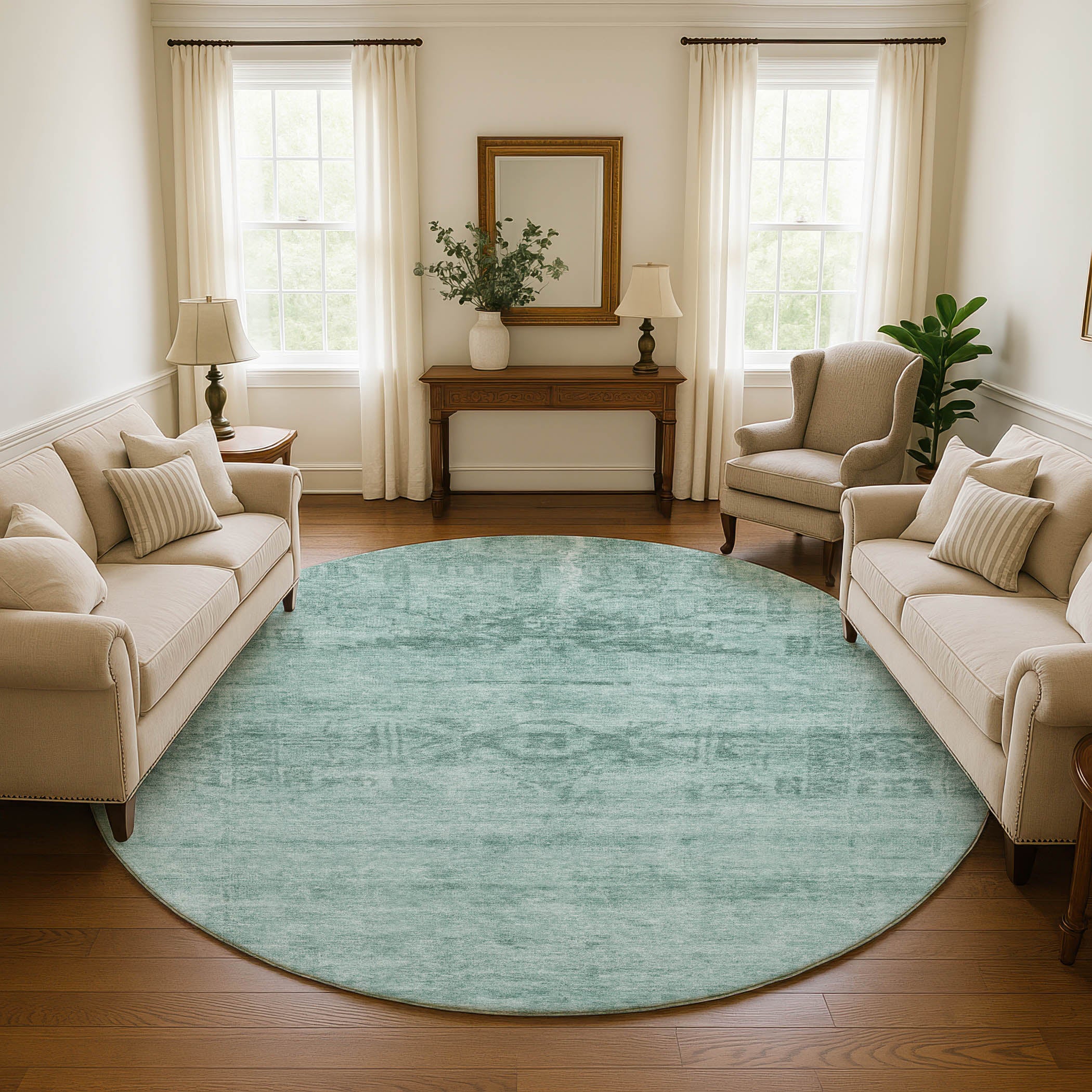 Lima Machine Washable Transitional Aqua Teal Rug 8' x 8' #shape_Round