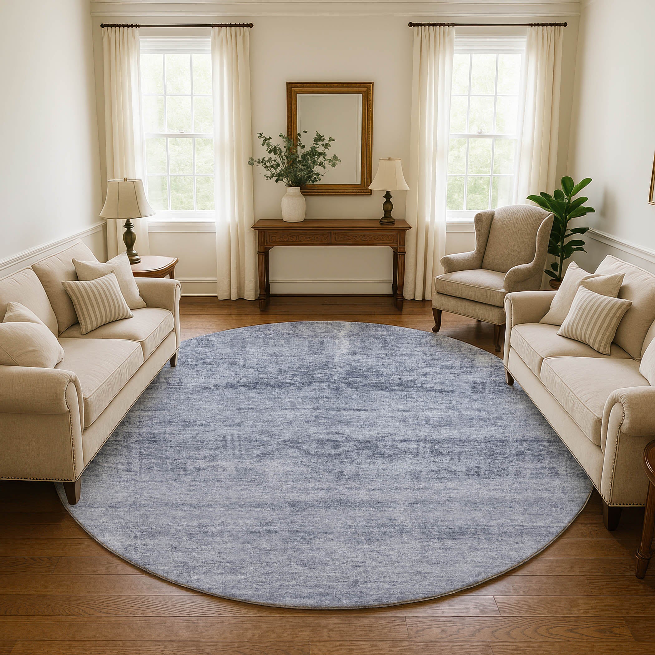 Lima Machine Washable Transitional Denim Blue Rug 8' x 8' #shape_Round