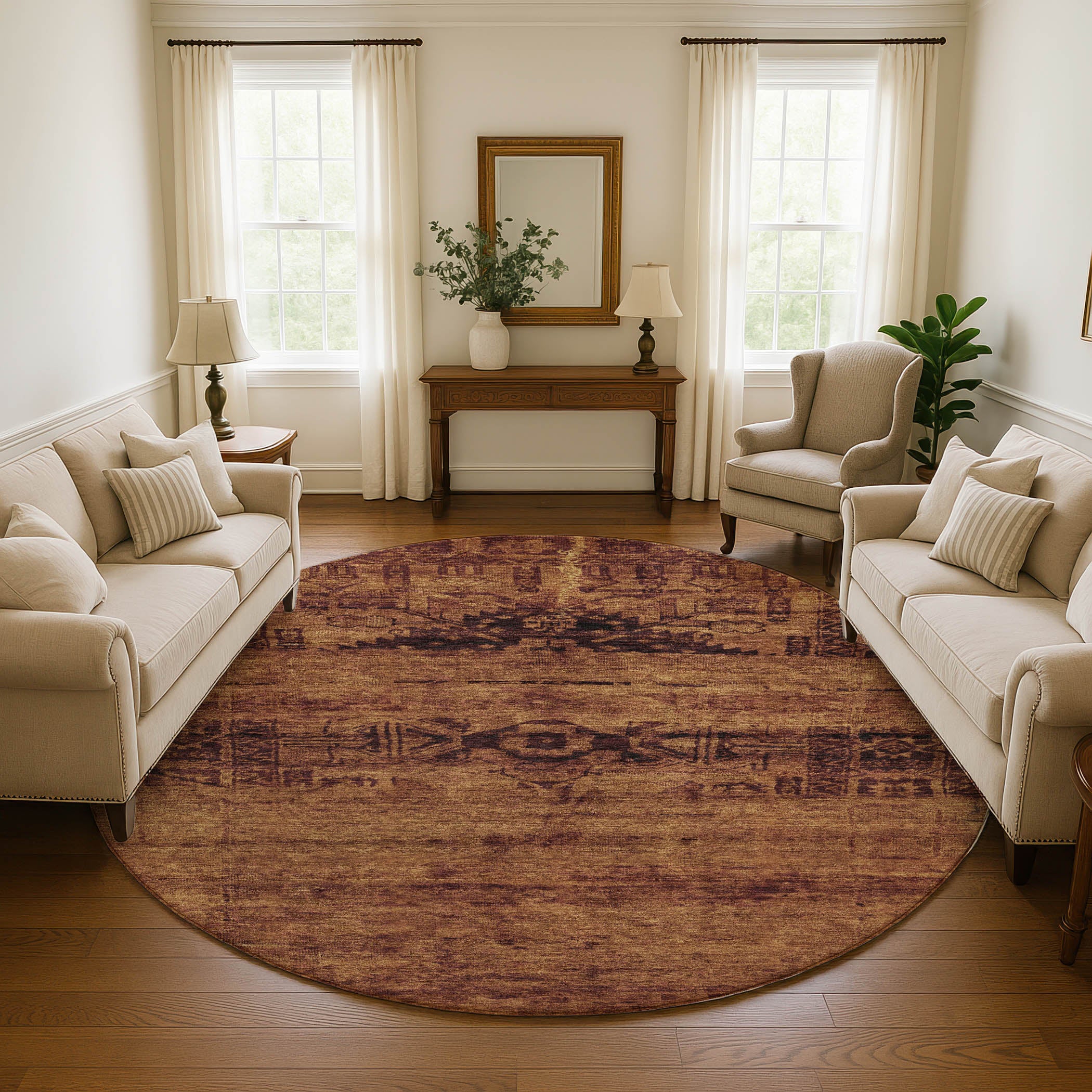 Lima Machine Washable Transitional Paprika Orange Rug 8' x 8' #shape_Round
