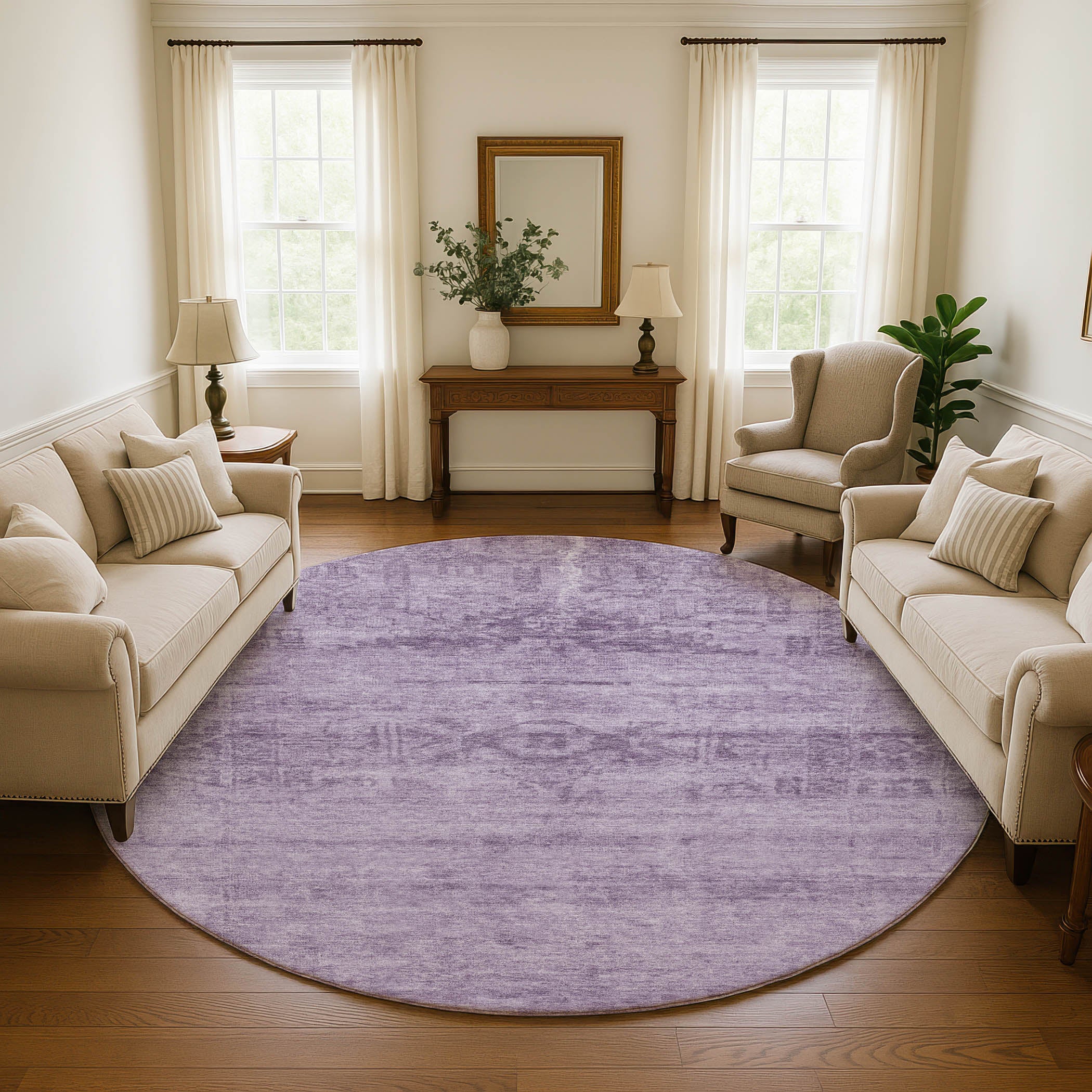 Lima Machine Washable Transitional Plum Purple Rug 8' x 8' #shape_Round