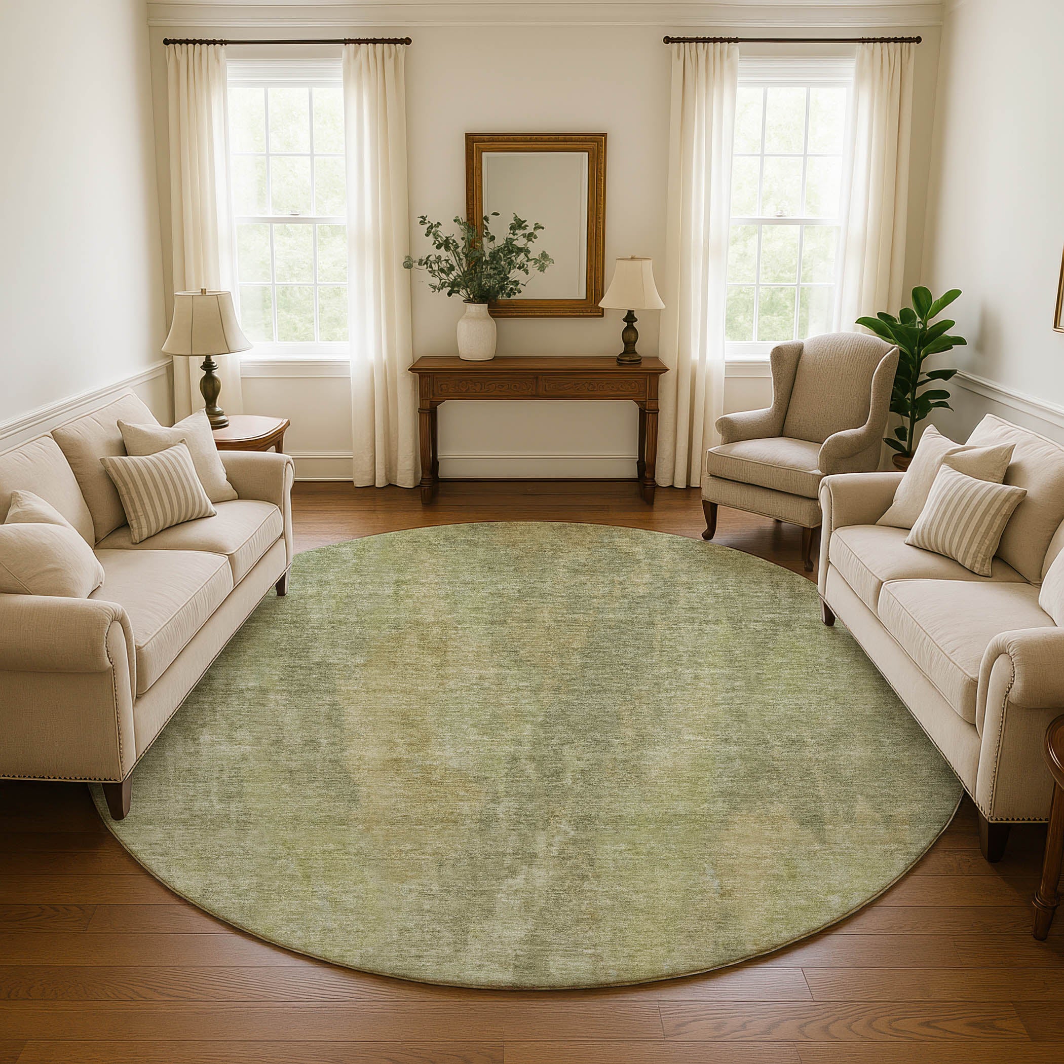 Kathmandu Machine Washable Transitional Aloe Green Rug 8' x 8' #shape_Round