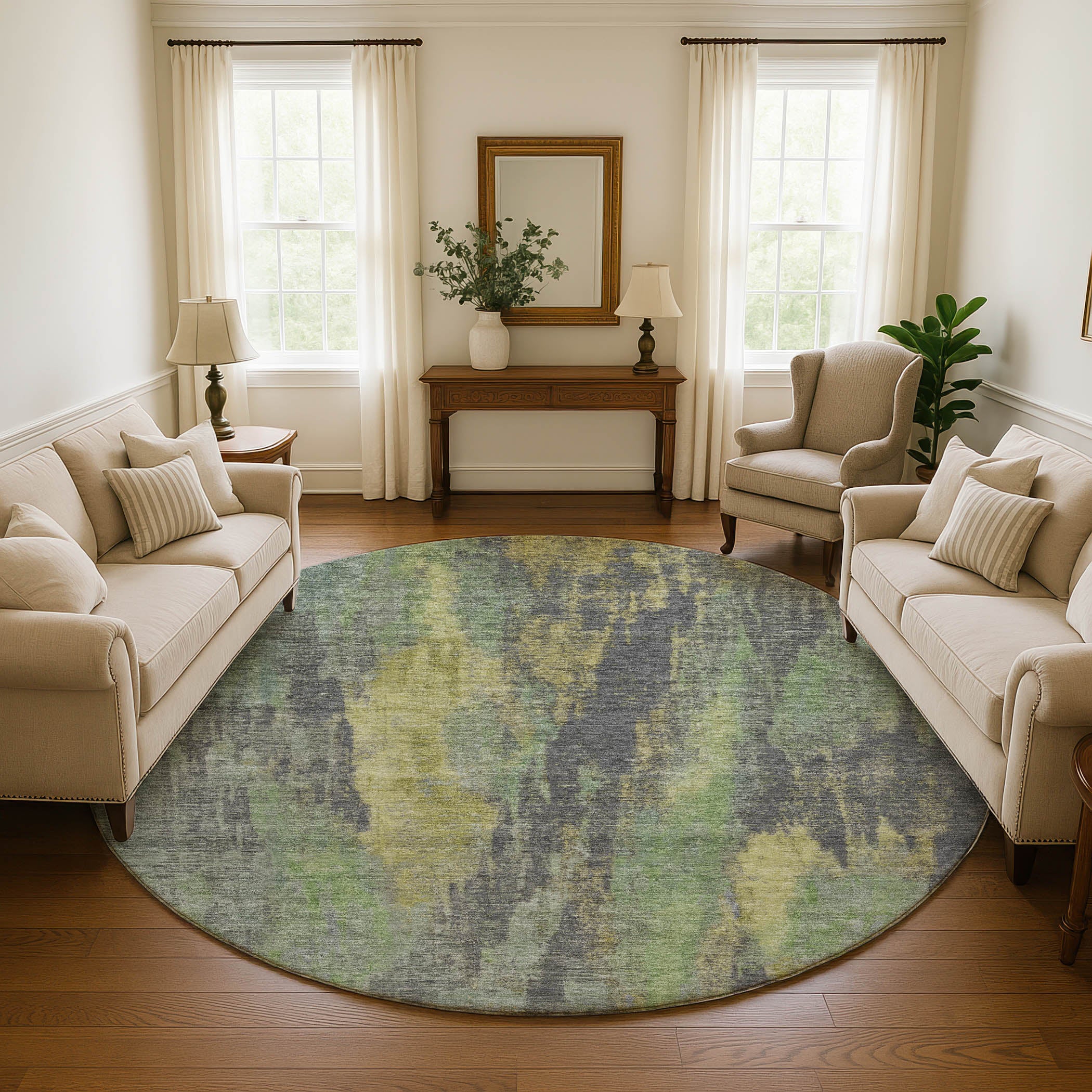 Kathmandu Machine Washable Transitional Green Rug 8' x 8' #shape_Round